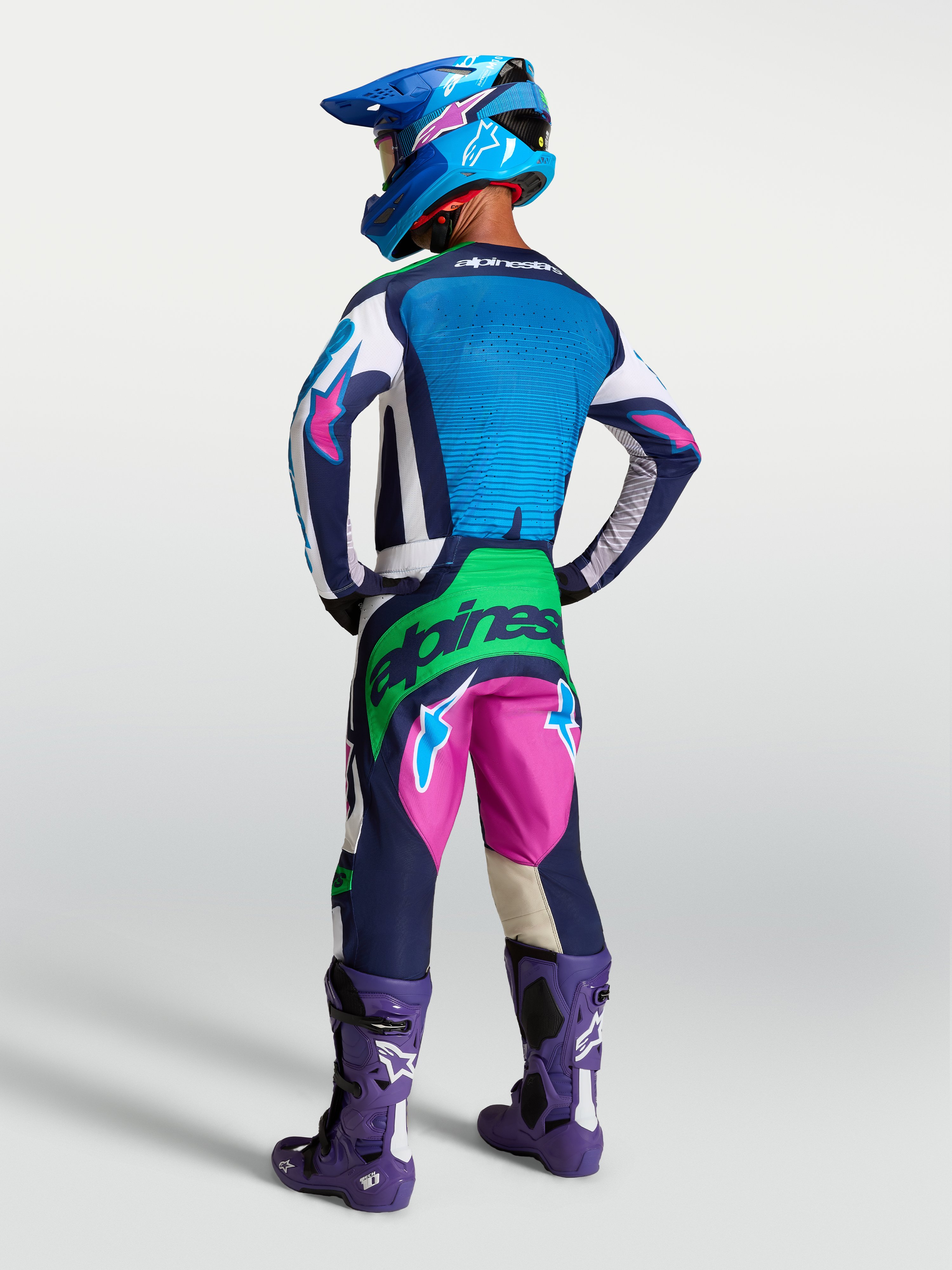 Alpinestars jersey Techstar Maven, jersey de motocross azul y blanco con ajuste atlético y ventilación láser, vista posterior