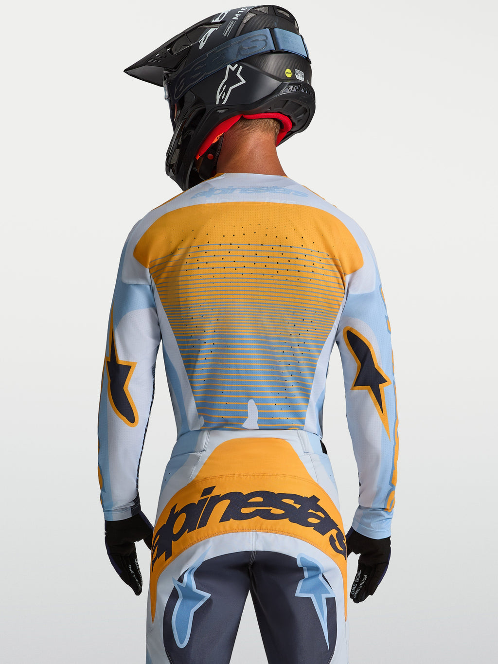Alpinestars Techstar Maven, jersey de motocross para hombre, azul y naranja, vista trasera con ventilación cortada con láser