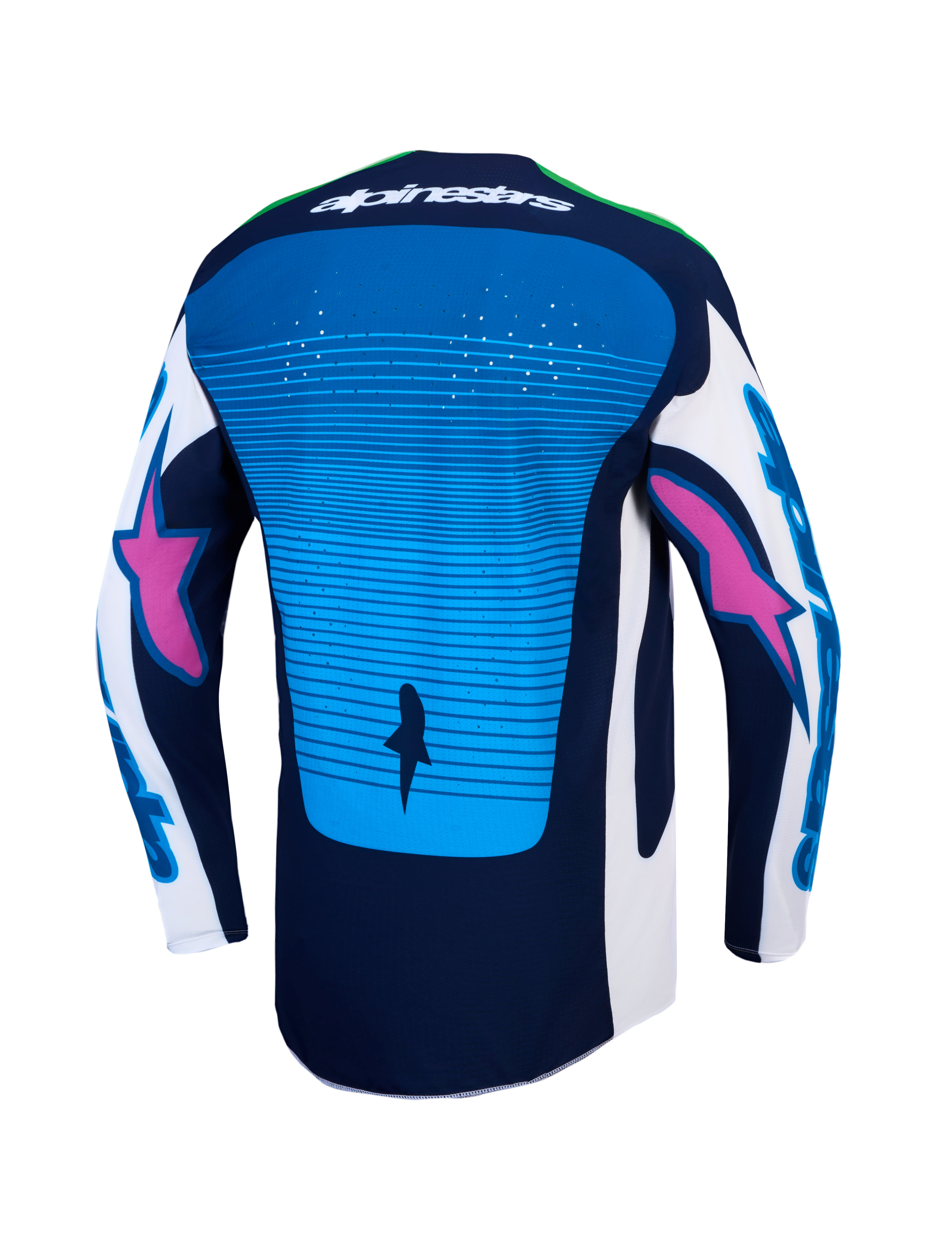 Jersey Techstar Maven AND Techstar Maven Gear Set de Alpinestars, azul y azul marino, vista trasera con ventilación láser.