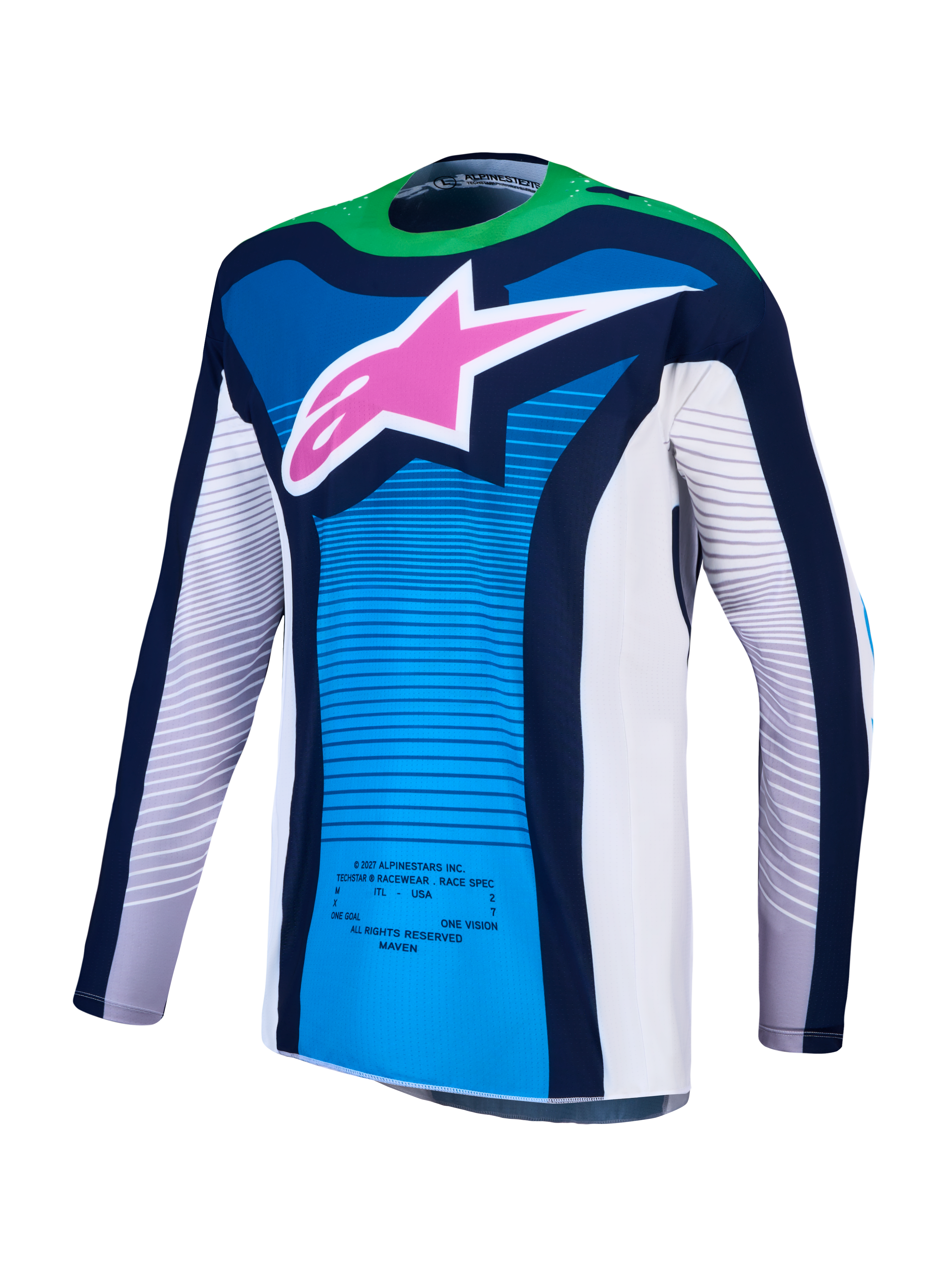 Alpinestars Jersey Techstar Maven AND Techstar Maven Gear Set, jersey de motocross para hombre, azul y verde flúor con logotipo de estrella rosa, ajuste de carrera, tejido elástico y ventilación láser.
