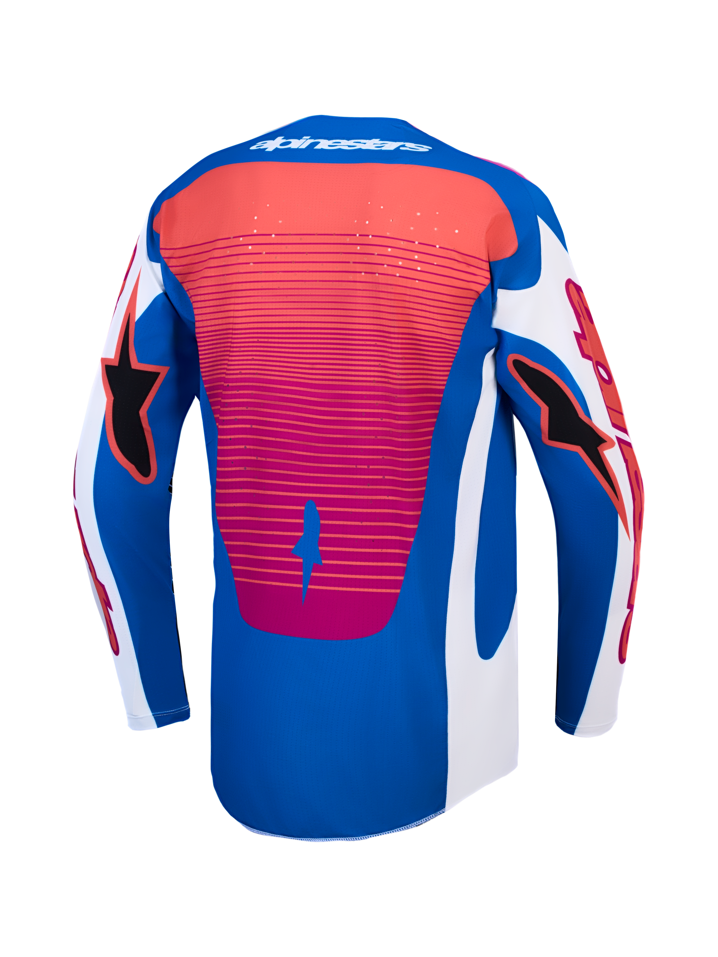Jersey Alpinestars Techstar Maven, vista trasera, azul y rojo, para motocross con ventilación láser y ajuste deportivo.