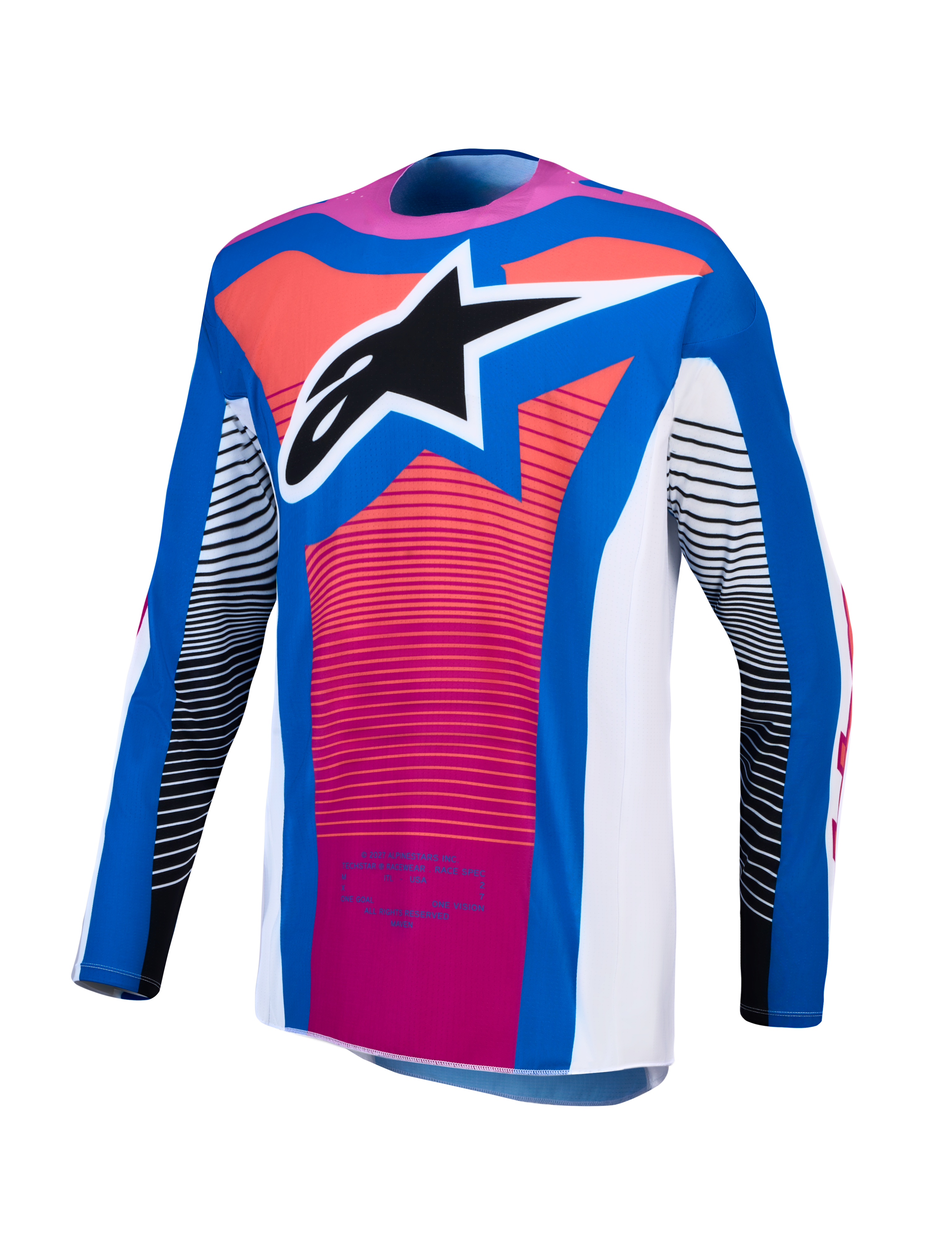 Alpinestars Techstar Maven Jersey, jersey de motocross azul y rosa, ajuste atlético con logotipo de estrella en el pecho