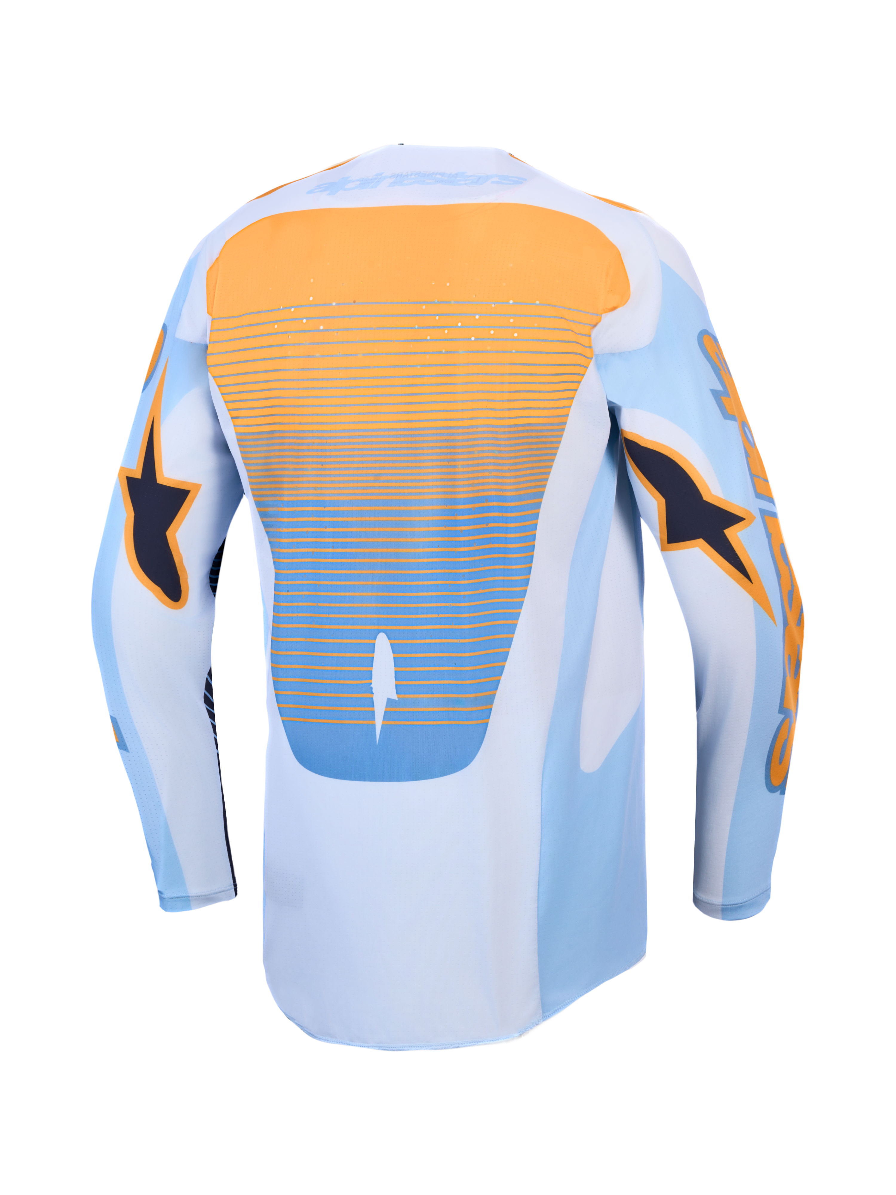 Jersey Techstar Maven de Alpinestars, jersey de motocross azul y naranja con ventilación láser y parte trasera extendida