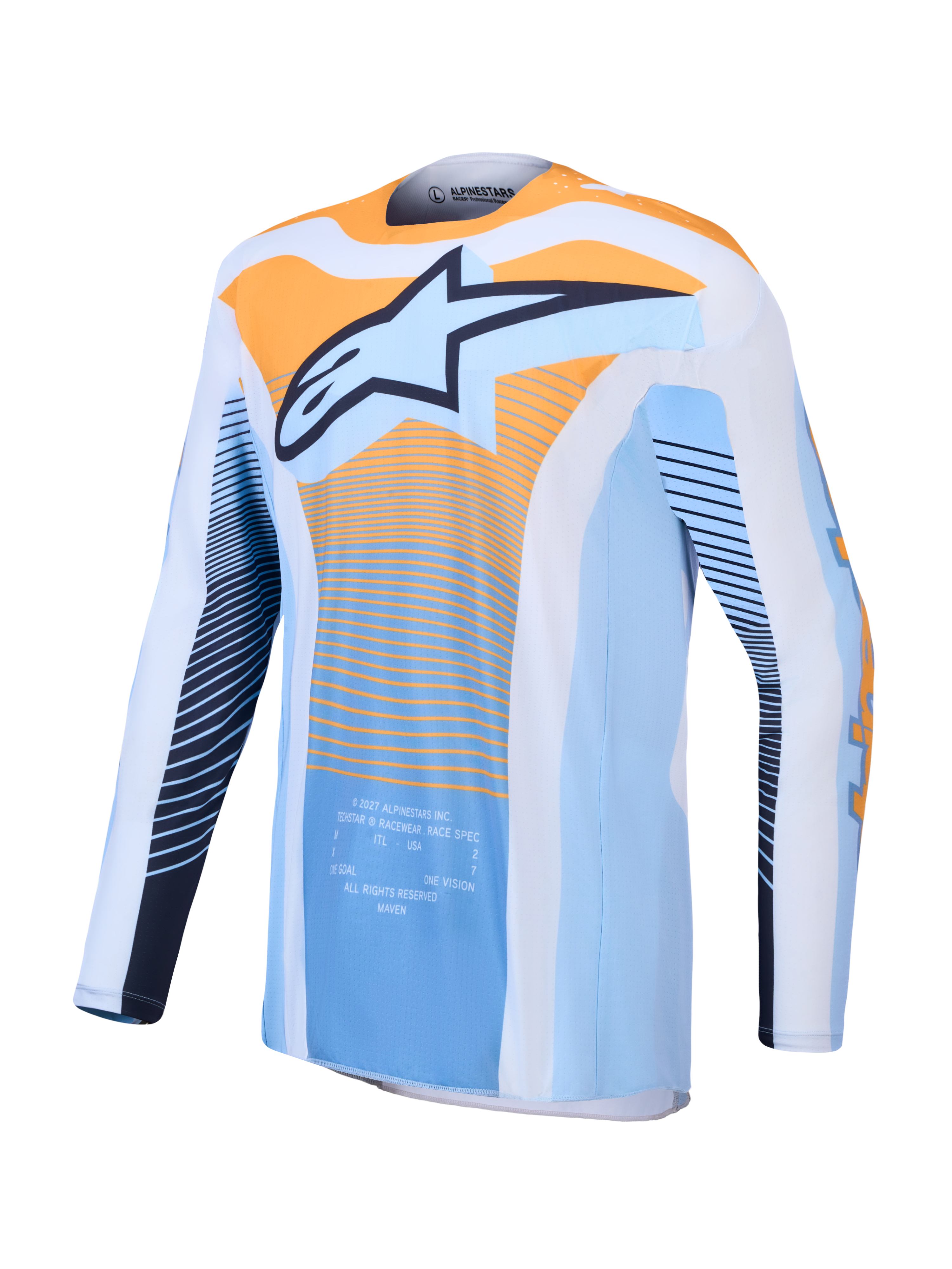 Alpinestars Techstar Maven, jersey de motocross para hombre, azul polvo y naranja, ajuste atlético con tejido transpirable