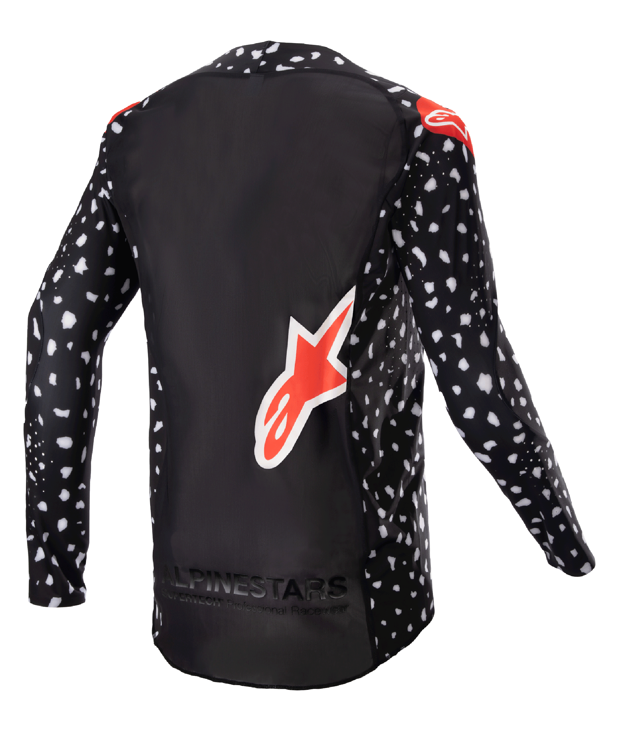 Alpinestars 2023 Supertech North Jersey, jersey de motocross, negro con patrón moteado blanco y detalles en rojo neón, vista trasera con logotipo grande de Alpinestars en rojo y marca en la parte inferior, equipamiento de carreras todoterreno de nivel profesional.
