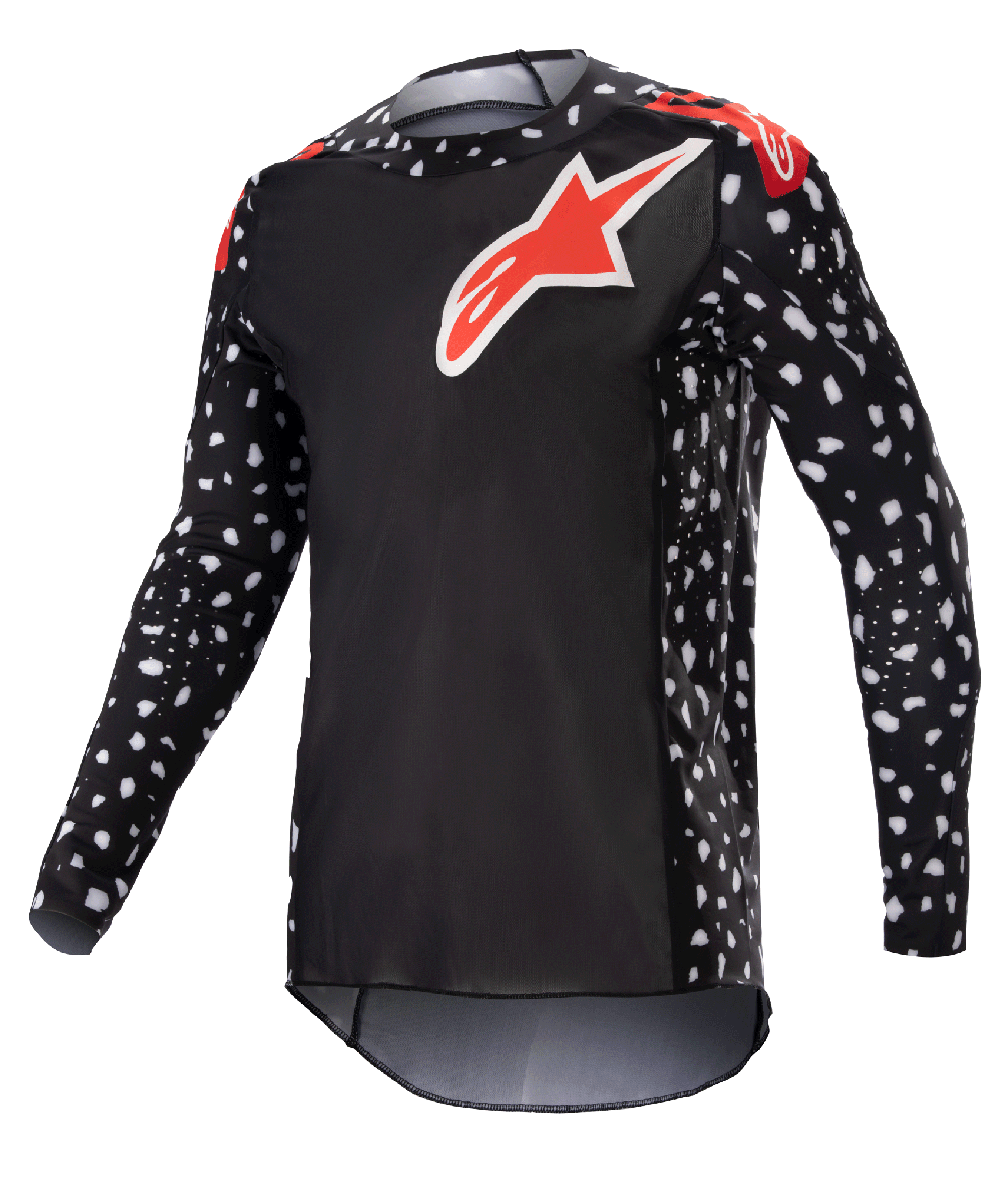 Alpinestars Supertech North Jersey 2023, camiseta de motocross, negro y rojo neón, manga larga con patrón de motas blancas, logotipos de estrella rojos y blancos en el pecho y los hombros, malla ligera de alto rendimiento con ajuste atlético de competición