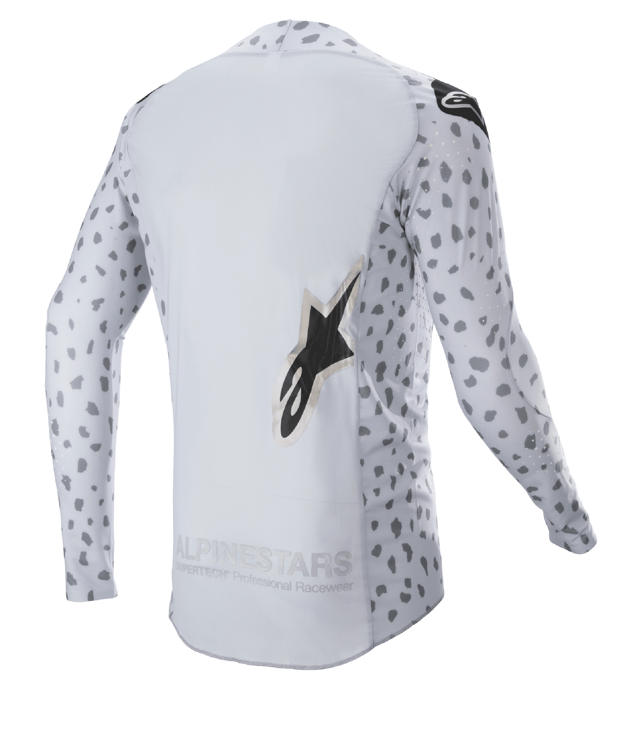 Alpinestars 2023 Supertech North Jersey, jersey de motocross, gris Haze y negro, vista trasera con un patrón de manchas abstractas en las mangas y los laterales, logotipo de estrella grande, panel trasero extendido y construcción de rendimiento transpirable