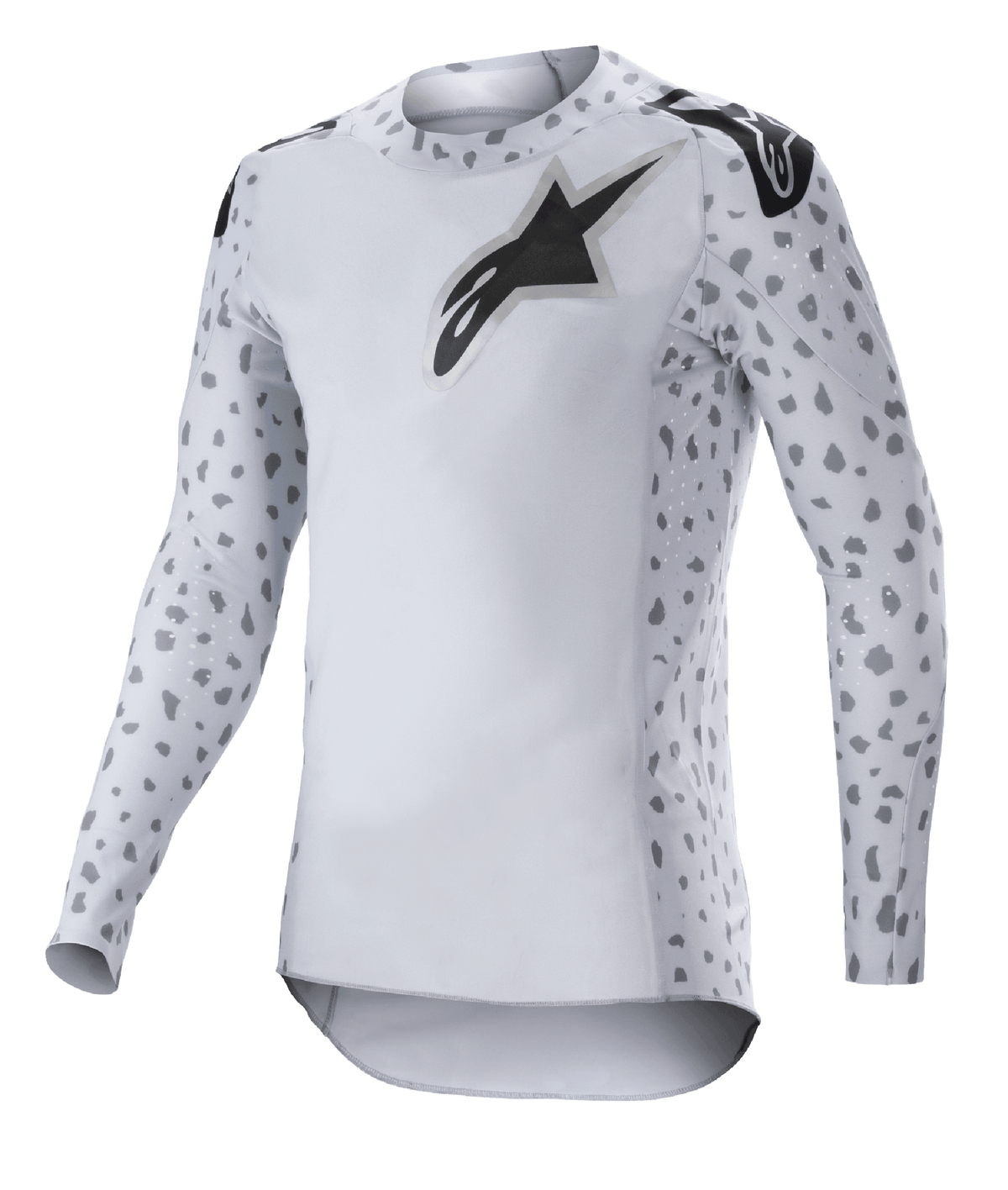Alpinestars 2023 Supertech North Jersey, camiseta de motocross, gris Haze y negro, camiseta de manga larga blanca con patrón de manchas grises en las mangas y los laterales, logotipo de estrella negro en el pecho y los hombros, malla elástica de alto rendimiento con dobladillo curvo