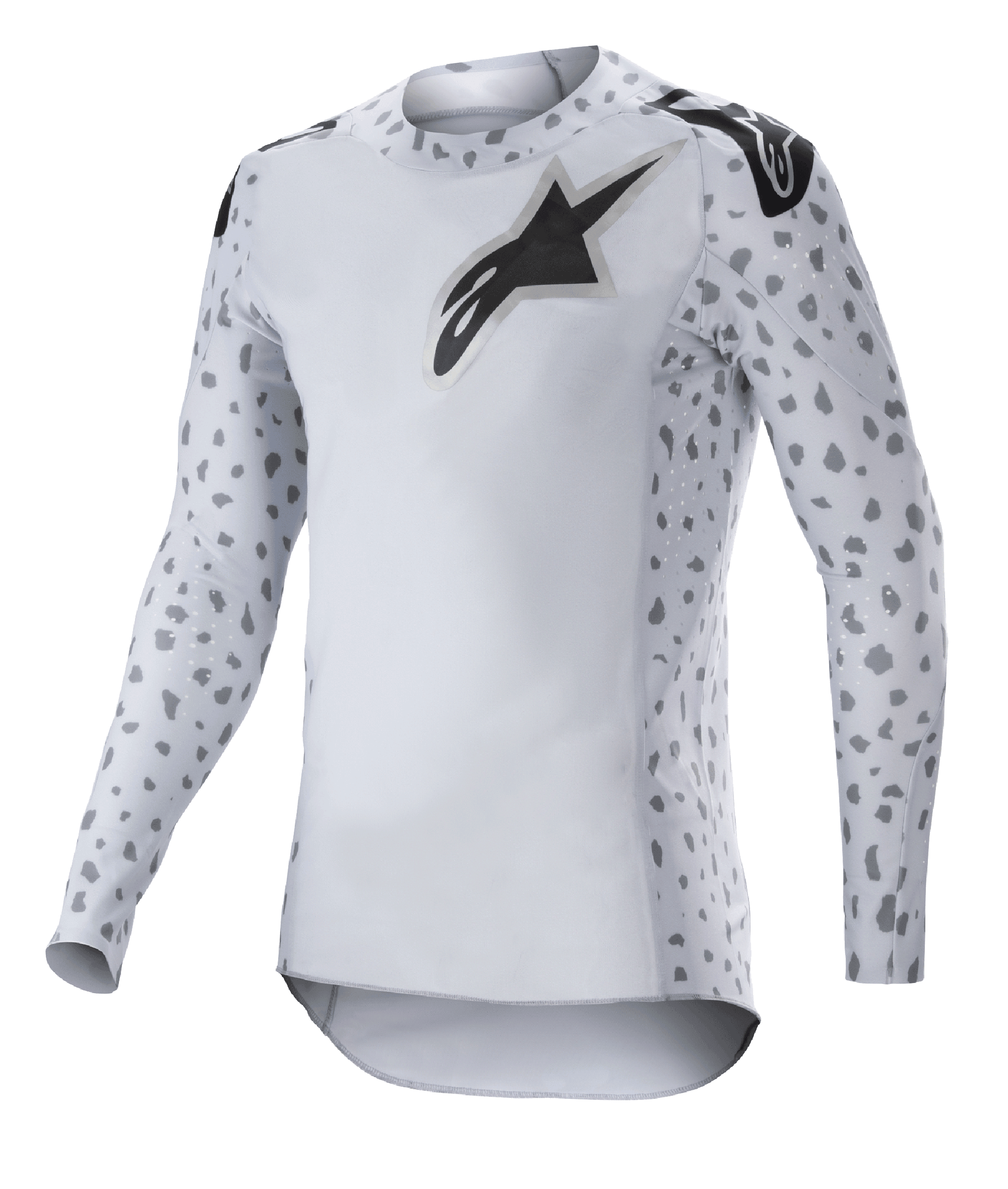 Alpinestars 2023 Supertech North Jersey, camiseta de motocross, gris Haze y negro, camiseta de manga larga blanca con patrón de manchas grises en las mangas y los laterales, logotipo de estrella negro en el pecho y los hombros, malla elástica de alto rendimiento con dobladillo curvo