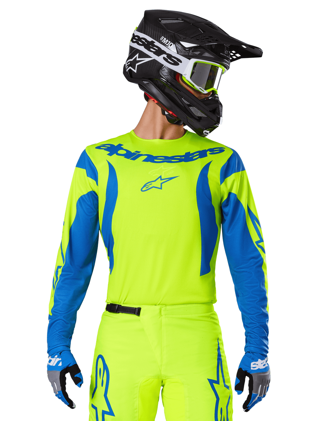 Alpinestars 2025 Fluid Haul Jersey, jersey de motocross, amarillo neón y azul, con logotipo de Alpinestars azul en el pecho, usado con equipo a juego que incluye casco negro y guantes azules, ajuste atlético para conducción off-road