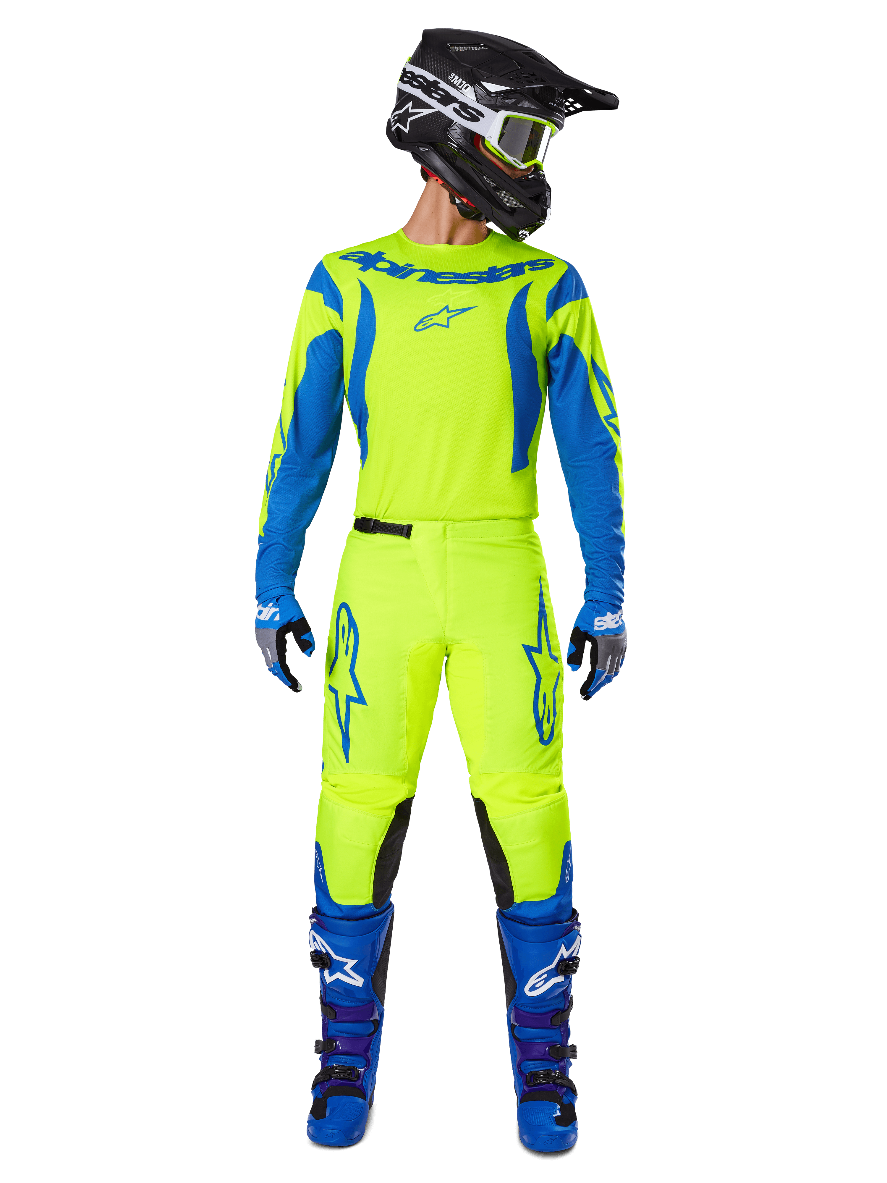 Alpinestars 2025 Fluid Haul Gear Set, conjunto de camiseta y pantalones de motocross, amarillo flúor y azul, combinado con botas azules a juego y un casco negro, con logotipos llamativos de Astars y un corte ergonómico atlético para carreras off-road.