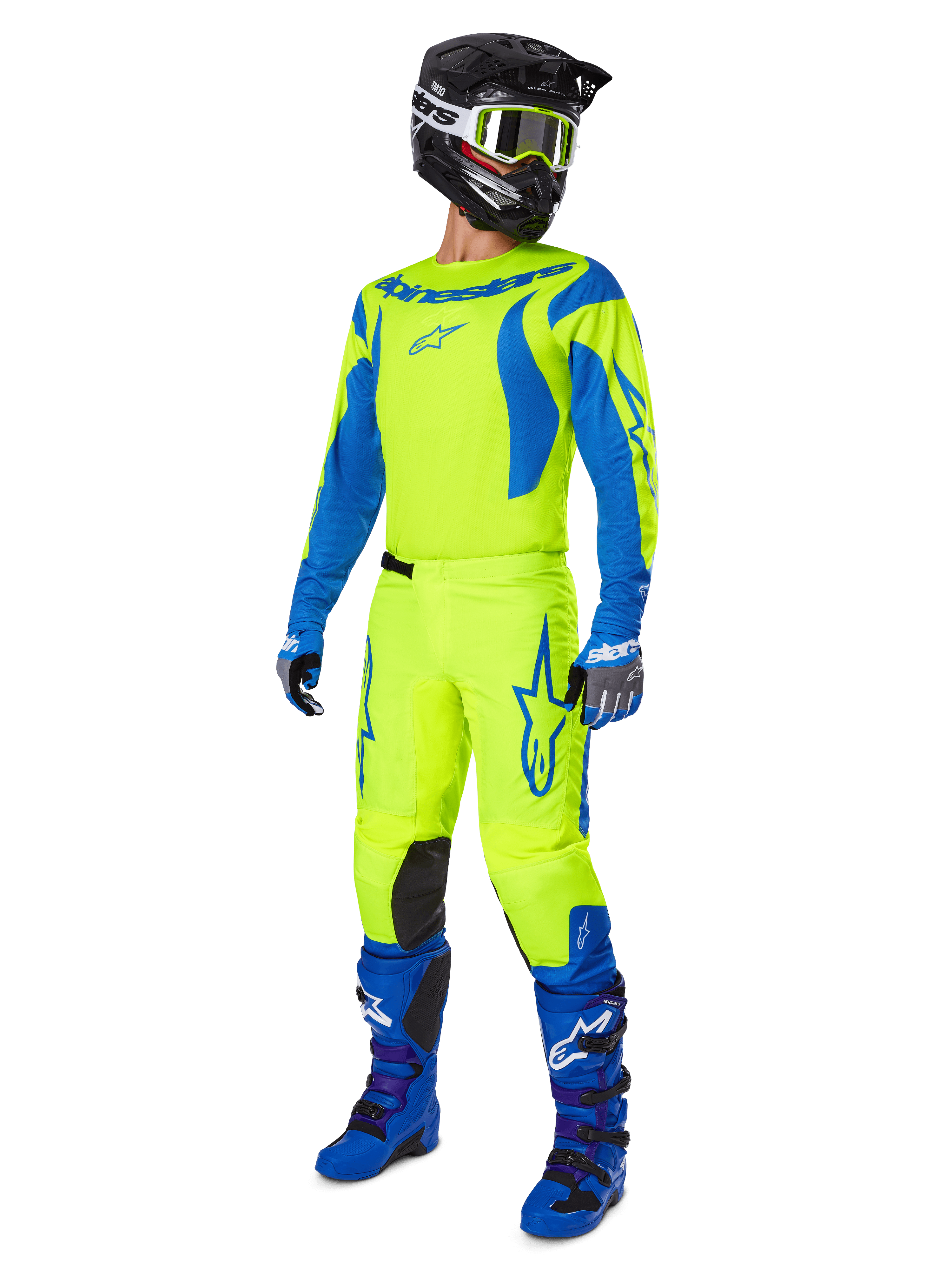 Alpinestars 2025 Fluid Haul Gear Set, full motocross racing gear with Yellow Fluo and Blue jersey and pants, black helmet, blue gloves, and blue off-road boots, high-visibility coordinated outfit for motocross and enduro.