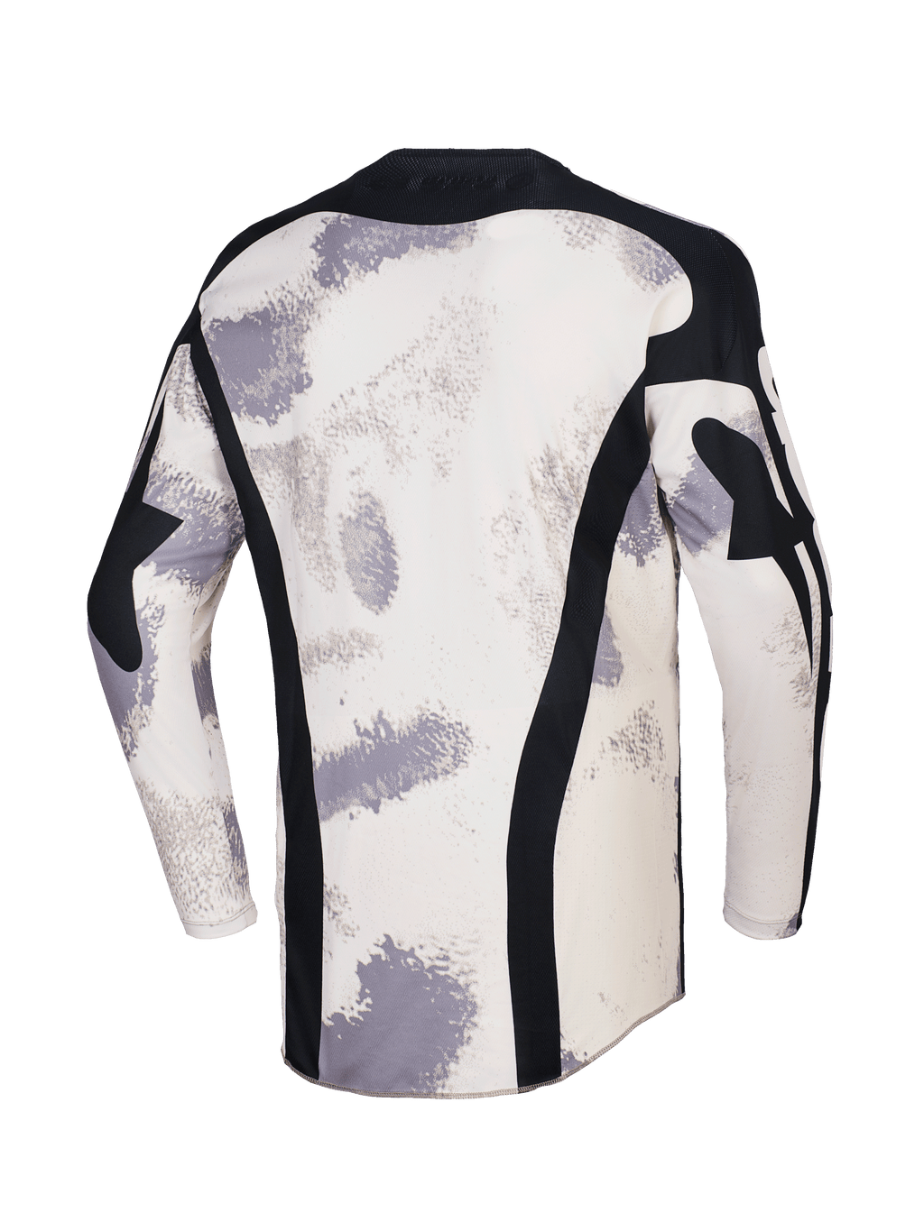 Jersey Alpinestars Racer Lahnd 2026, jersey de motocross, camuflaje arena con patrones de pinceladas en blanco roto y gris, vista posterior con paneles de malla negra verticales, cuello negro y perfil trasero extendido para mayor cobertura