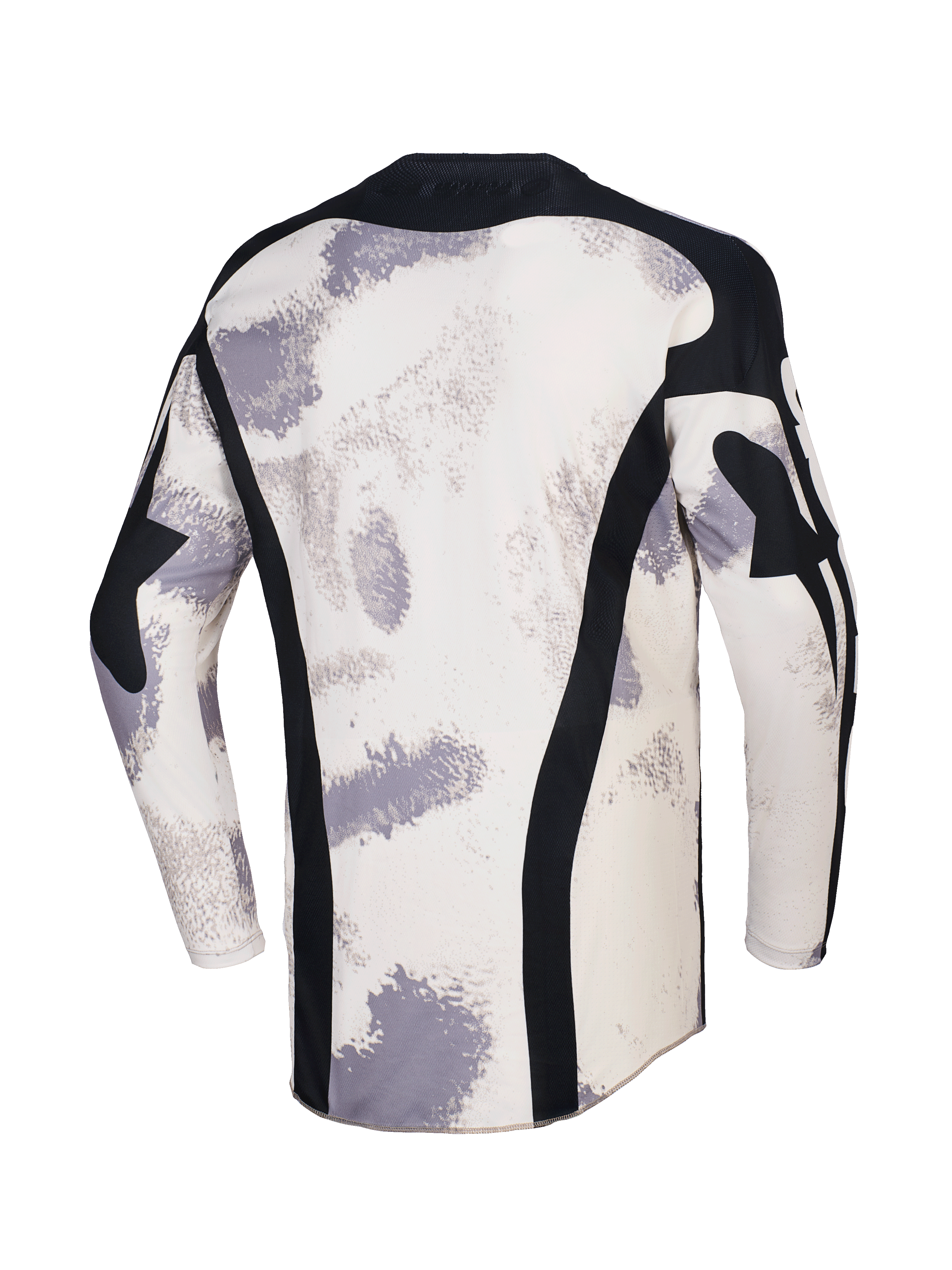 Jersey Alpinestars Racer Lahnd 2026, jersey de motocross, camuflaje arena con patrones de pinceladas en blanco roto y gris, vista posterior con paneles de malla negra verticales, cuello negro y perfil trasero extendido para mayor cobertura