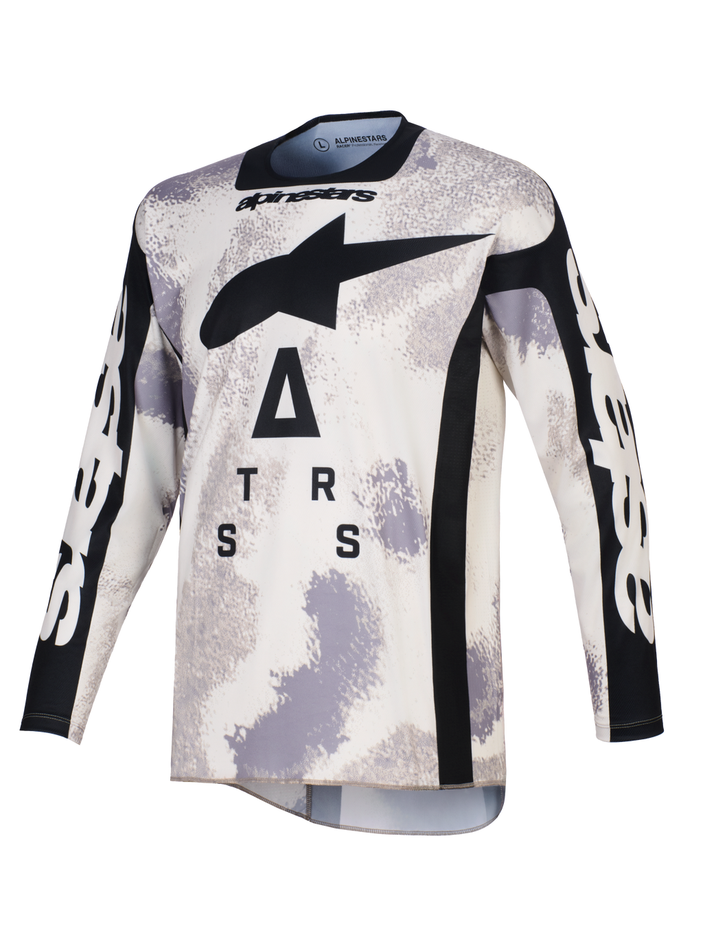 Alpinestars Racer Lahnd Jersey 2026, jersey de motocross, camuflaje arena en gris y blanco, con un gran logotipo A-star negro y letras estilizadas en el pecho, cuello redondo y paneles laterales negros, mangas largas con marca en blanco, equipamiento profesional para carreras todoterreno