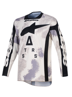 Alpinestars Racer Lahnd Jersey 2026, jersey de motocross, camuflaje arena en gris y blanco, con un gran logotipo A-star negro y letras estilizadas en el pecho, cuello redondo y paneles laterales negros, mangas largas con marca en blanco, equipamiento profesional para carreras todoterreno