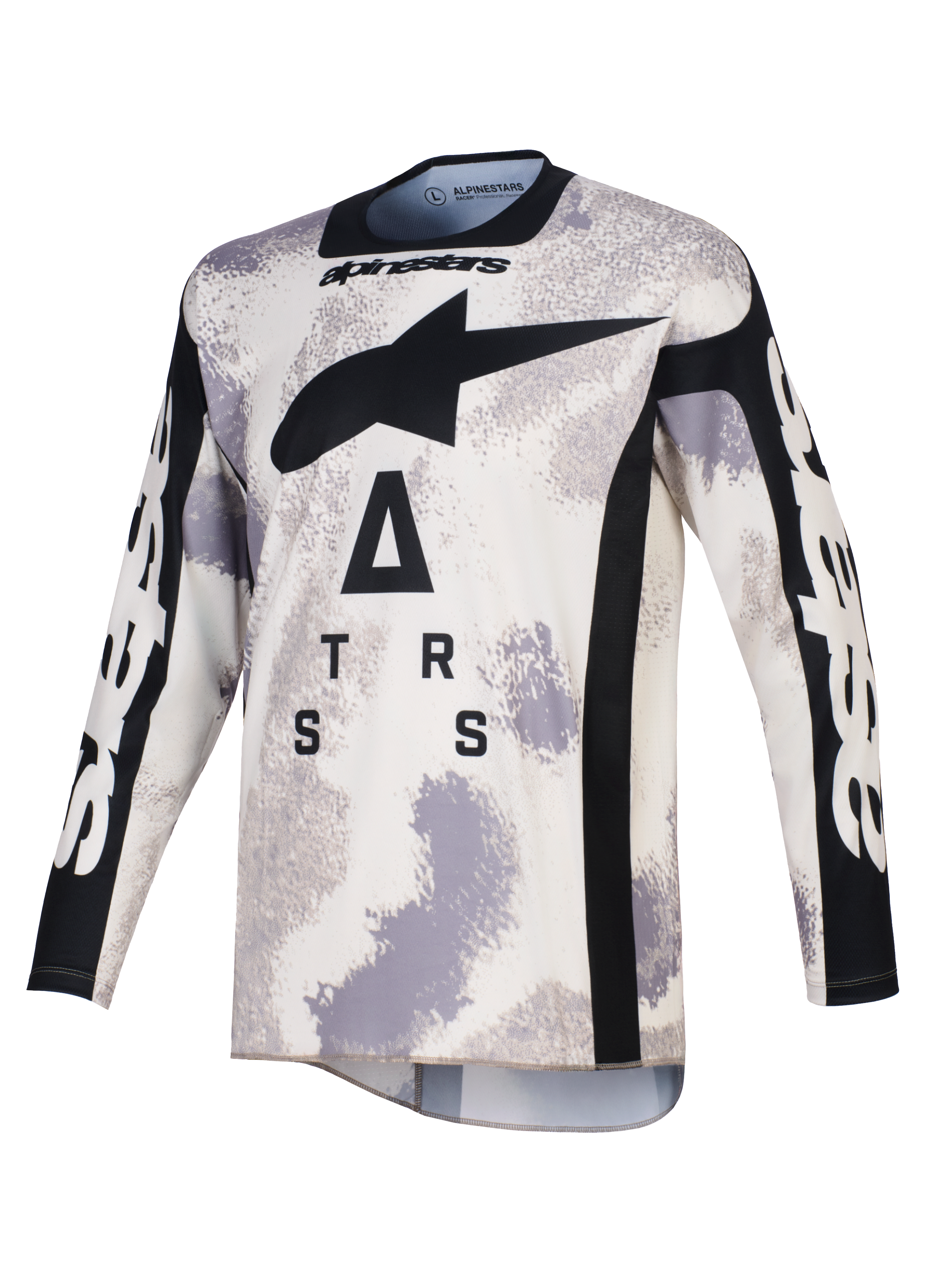 Alpinestars Racer Lahnd Jersey 2026, jersey de motocross, camuflaje arena en gris y blanco, con un gran logotipo A-star negro y letras estilizadas en el pecho, cuello redondo y paneles laterales negros, mangas largas con marca en blanco, equipamiento profesional para carreras todoterreno
