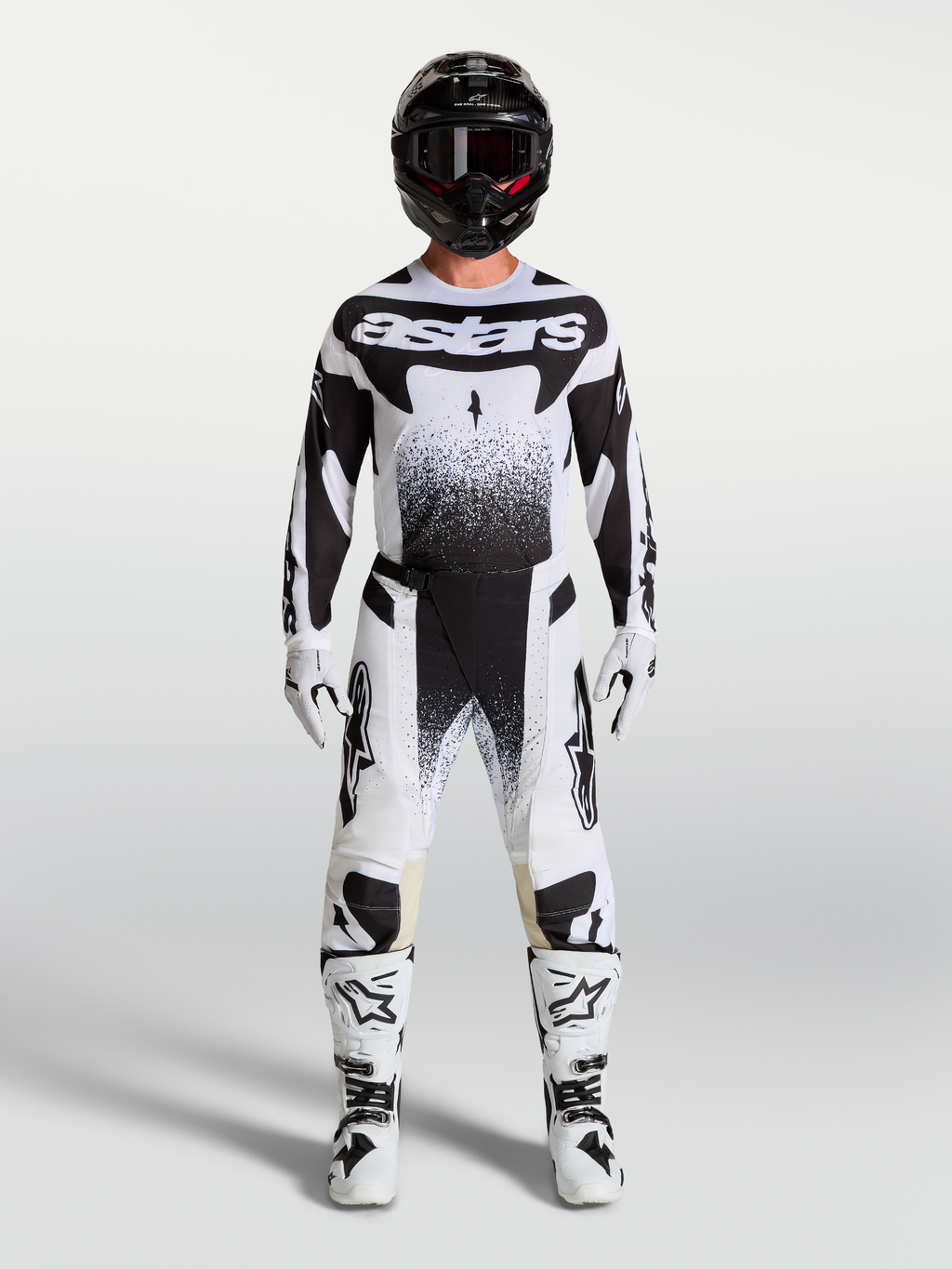 Alpinestars Jersey Techstar Swan y Techstar Swan Gear Set, conjunto de motocross para hombre, blanco y negro con gráficos punteados, equipamiento off-road de alto rendimiento