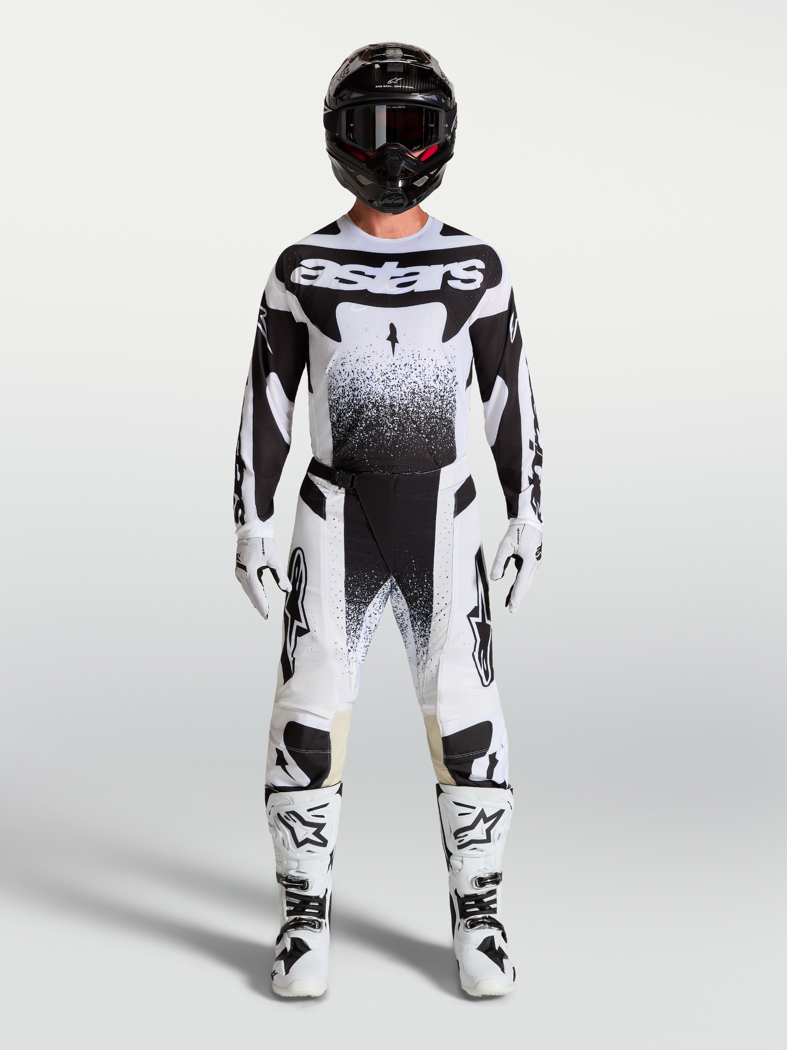 Alpinestars Jersey Techstar Swan y Techstar Swan Gear Set, conjunto de motocross para hombre, blanco y negro con gráficos punteados, equipamiento off-road de alto rendimiento
