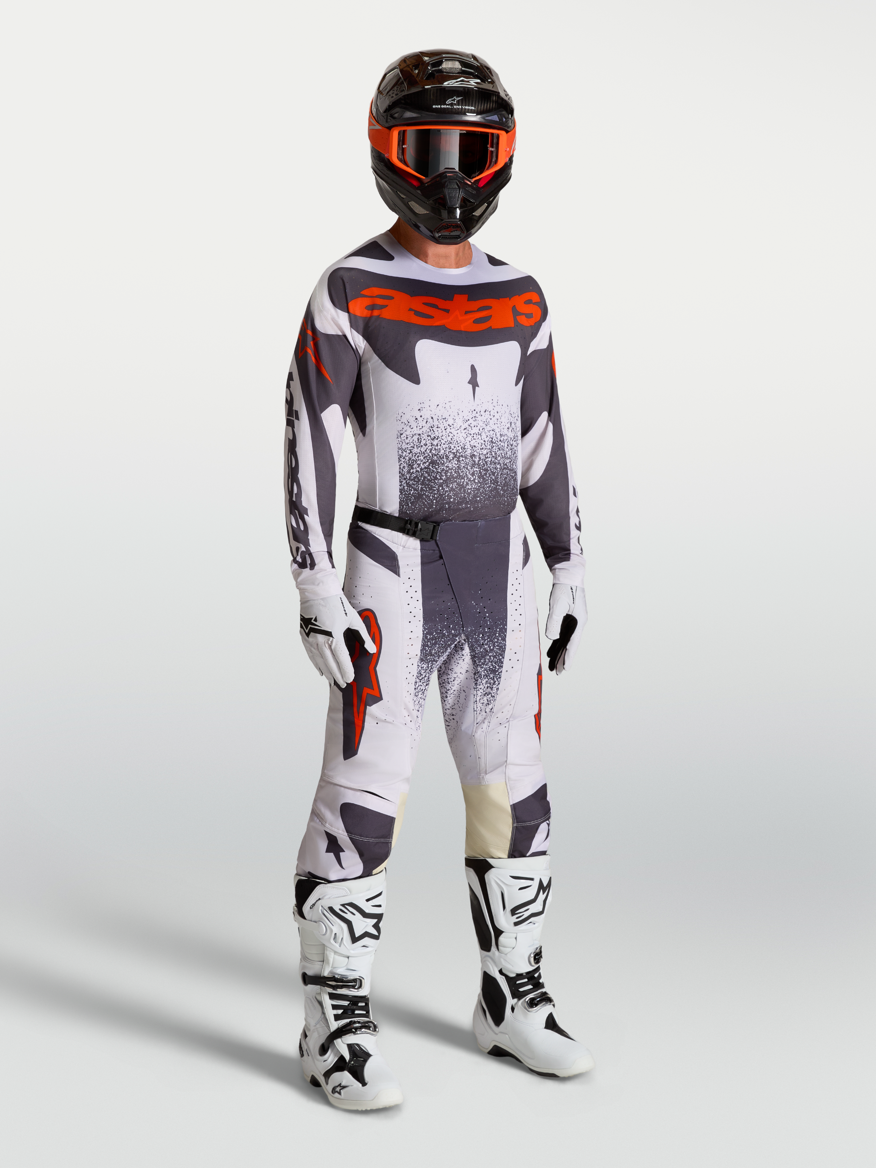 Alpinestars Techstar Swan, conjunto de jersey y pantalones de motocross para hombre, lila claro, gris y rojo flúor