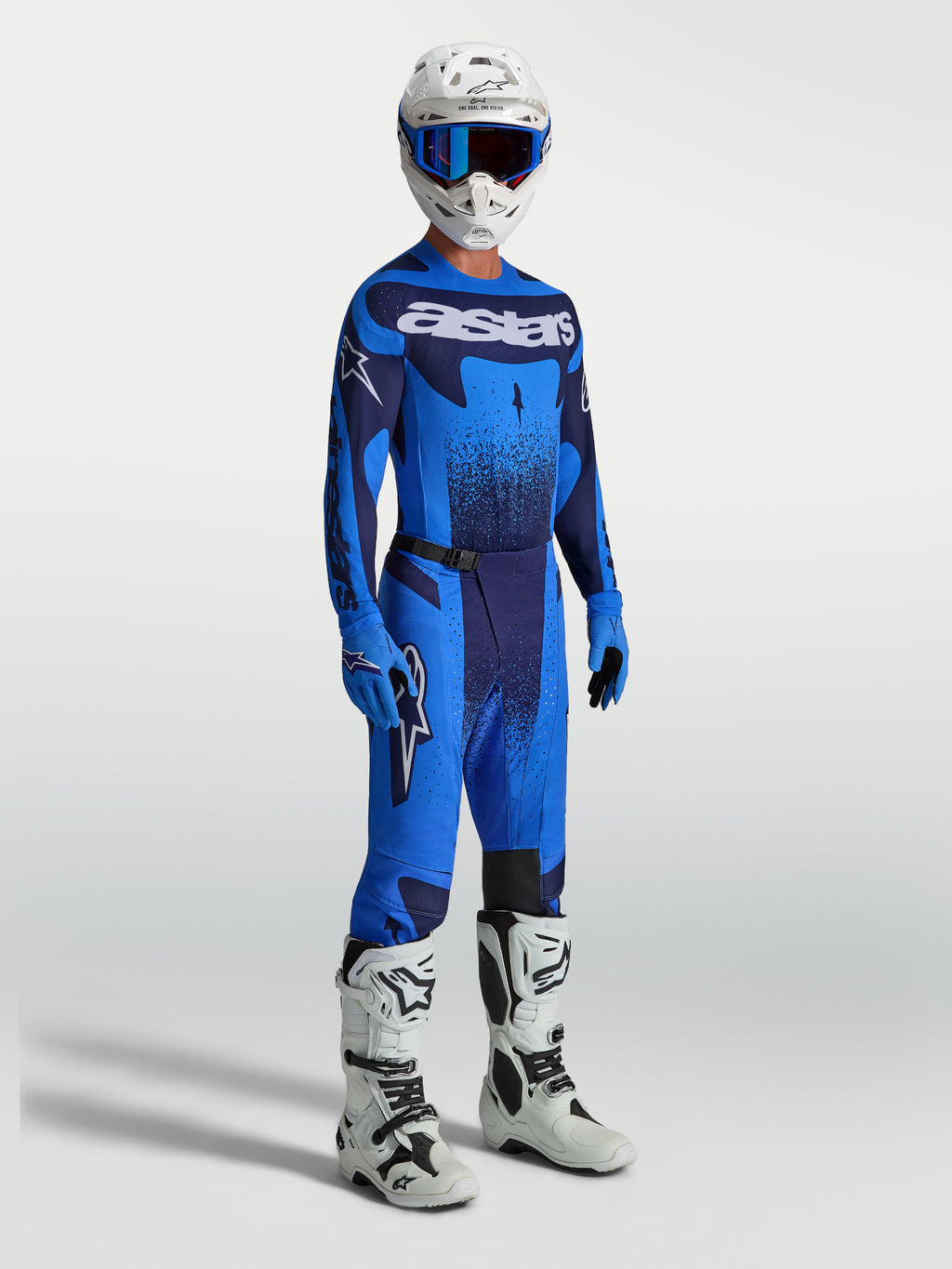 Alpinestars Techstar Swan, jersey y conjunto de equipo de motocross para hombre, azul UCLA y azul oscuro con botas blancas