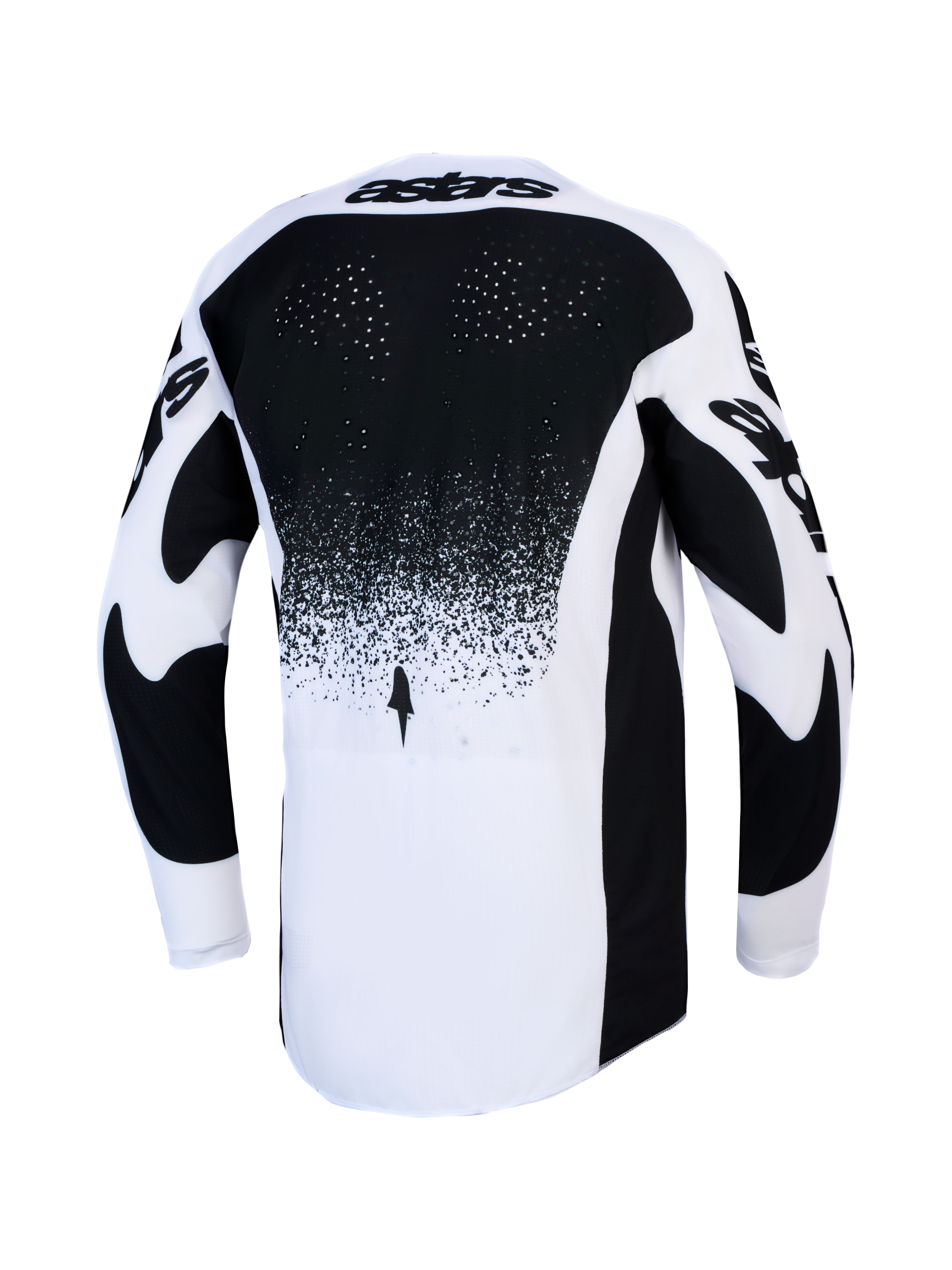 Alpinestars Jersey Techstar Swan, jersey de motocross, negro y blanco, ventilación trasera y parte trasera extendida
