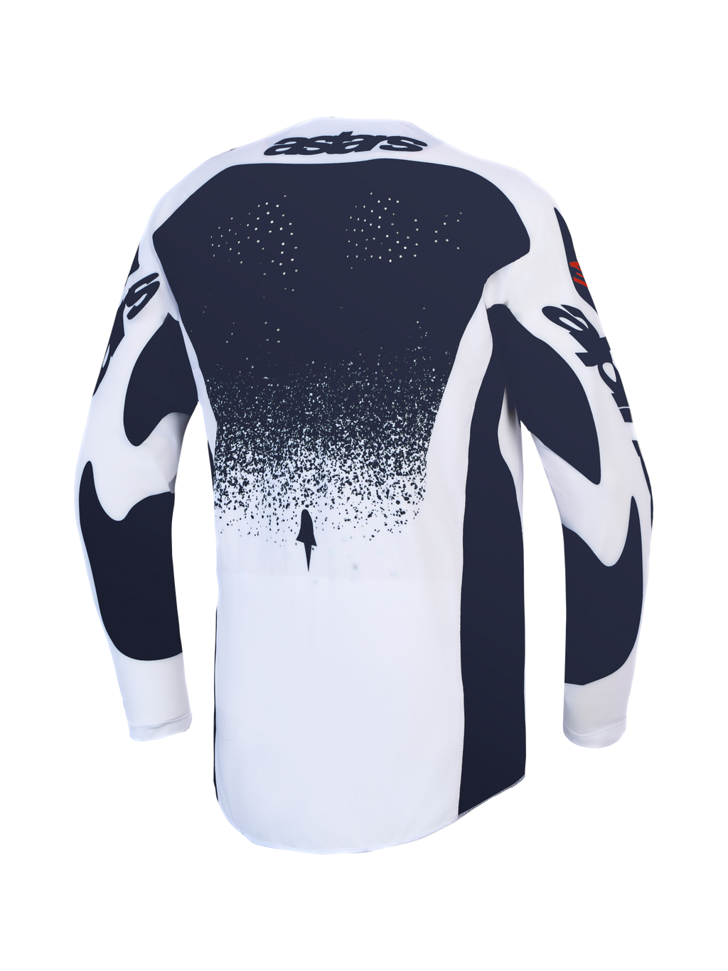 Alpinestars Jersey Techstar Swan, jersey de motocross blanco y gris oscuro con perforaciones láser y ajuste de carreras.