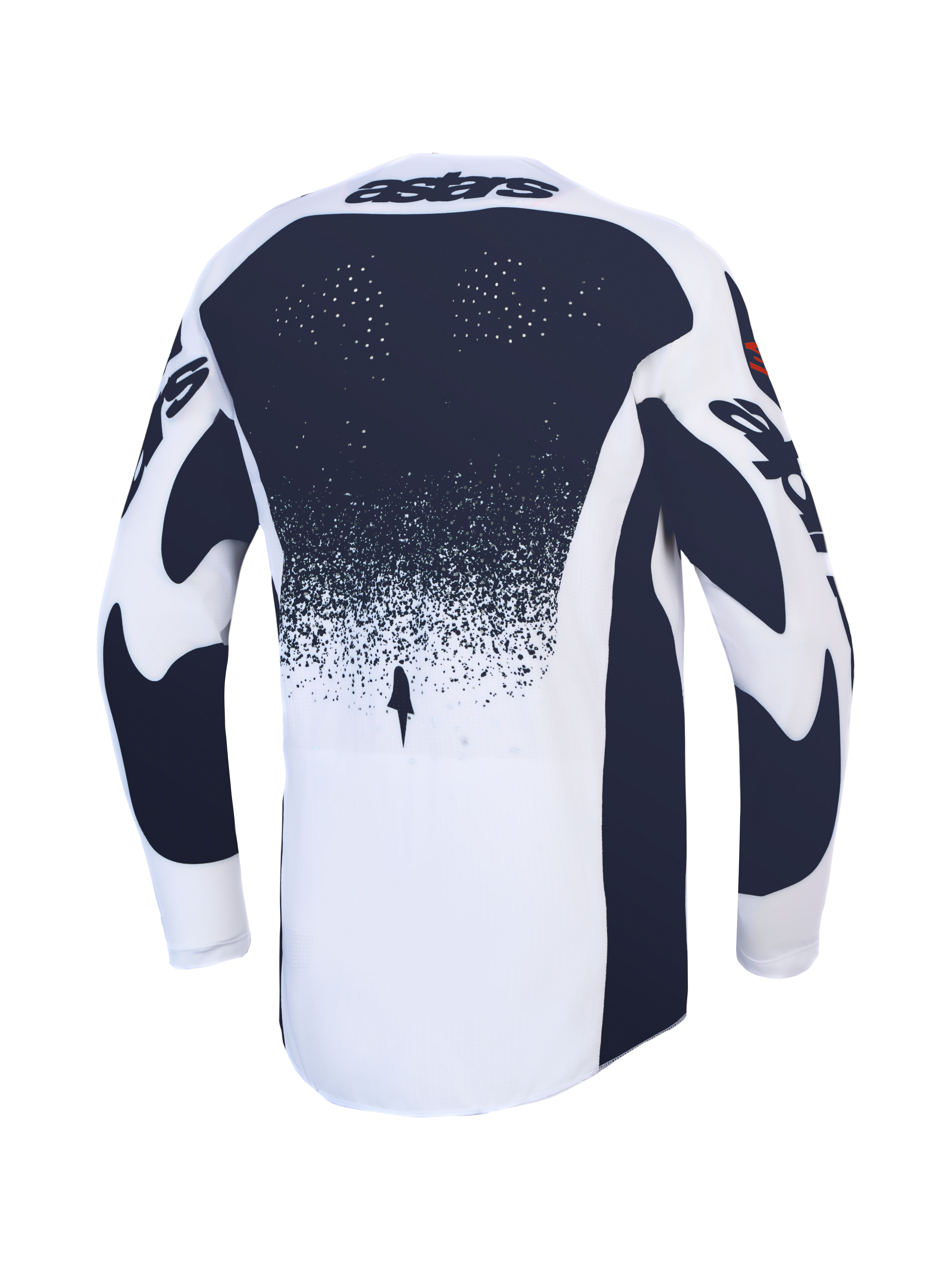 Alpinestars Jersey Techstar Swan, jersey de motocross blanco y gris oscuro con perforaciones láser y ajuste de carreras.