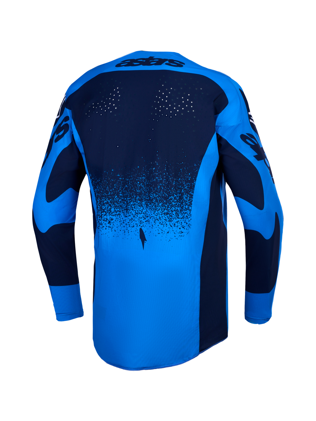 Jersey Alpinestars Techstar Swan, jersey de motocross azul con perforaciones láser y dobladillo trasero extendido.