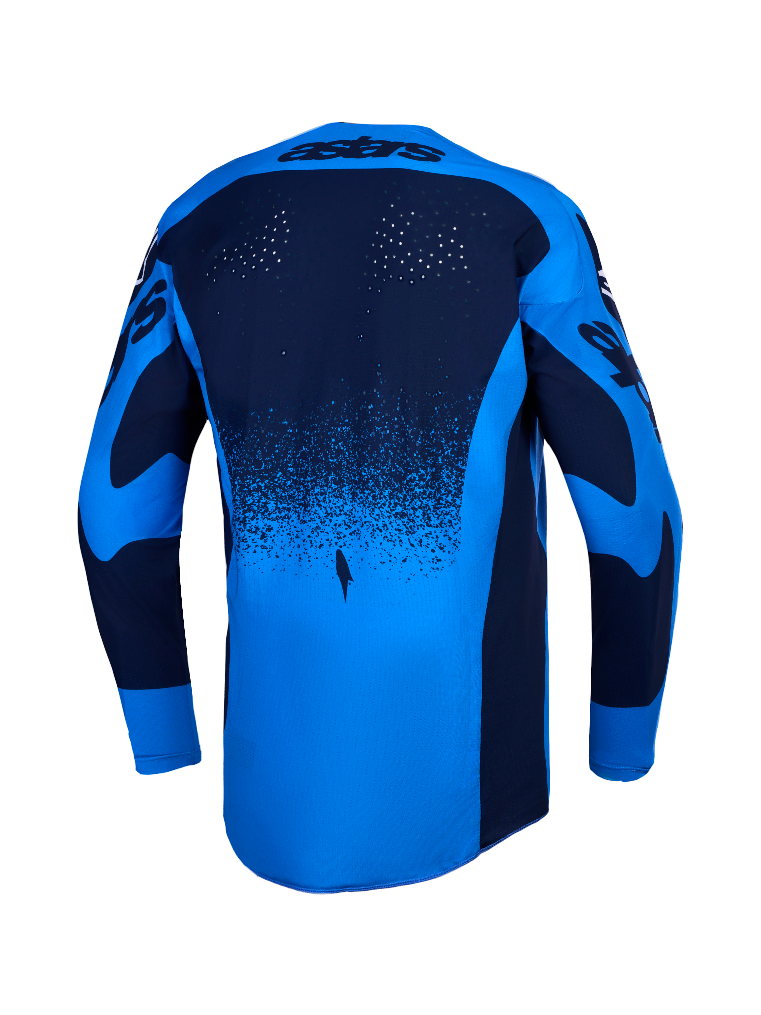 Jersey Alpinestars Techstar Swan, jersey de motocross azul con perforaciones láser y dobladillo trasero extendido.