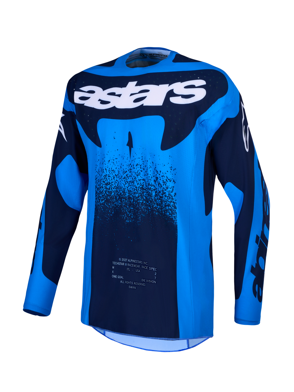 Alpinestars Techstar Swan, jersey de motocross azul y azul oscuro con perforaciones láser y tejido transpirable