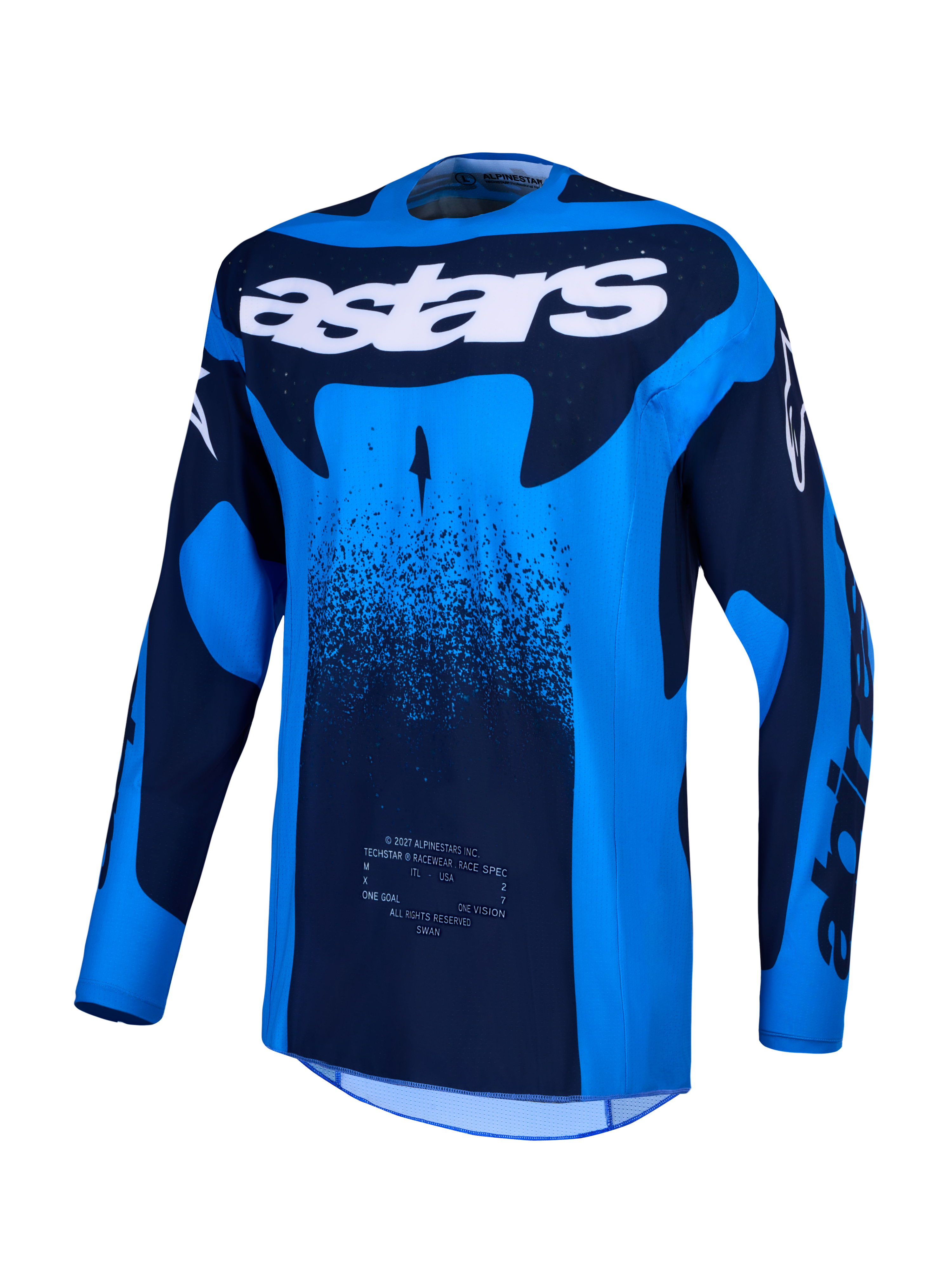 Alpinestars Techstar Swan, jersey de motocross azul y azul oscuro con perforaciones láser y tejido transpirable
