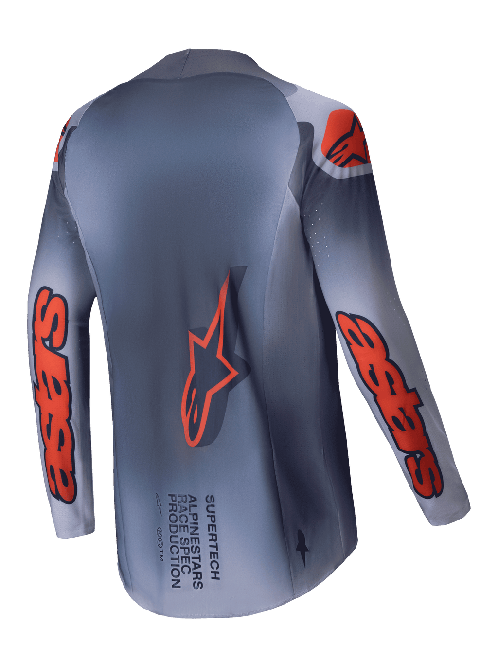 Alpinestars 2025 Supertech Lipan Jersey, Men's Motocross Racing Jersey, Gray and Orange Fluo, lightweight stretch mesh with Stretchnet construction and race-proven ventilation, back view showing extended rear hem and branding details