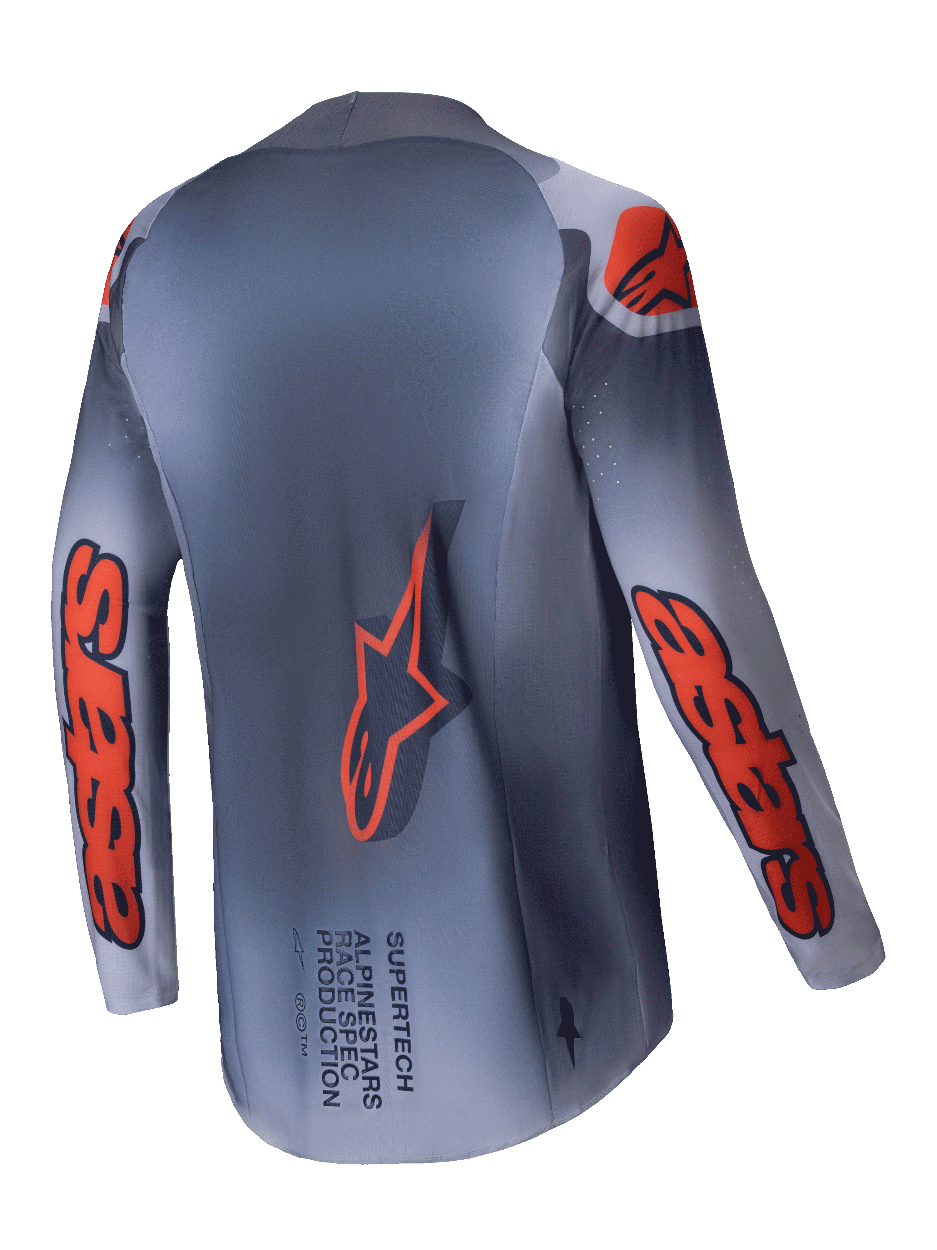 Alpinestars 2025 Supertech Lipan Jersey, Men's Motocross Racing Jersey, Gray and Orange Fluo, lightweight stretch mesh with Stretchnet construction and race-proven ventilation, back view showing extended rear hem and branding details