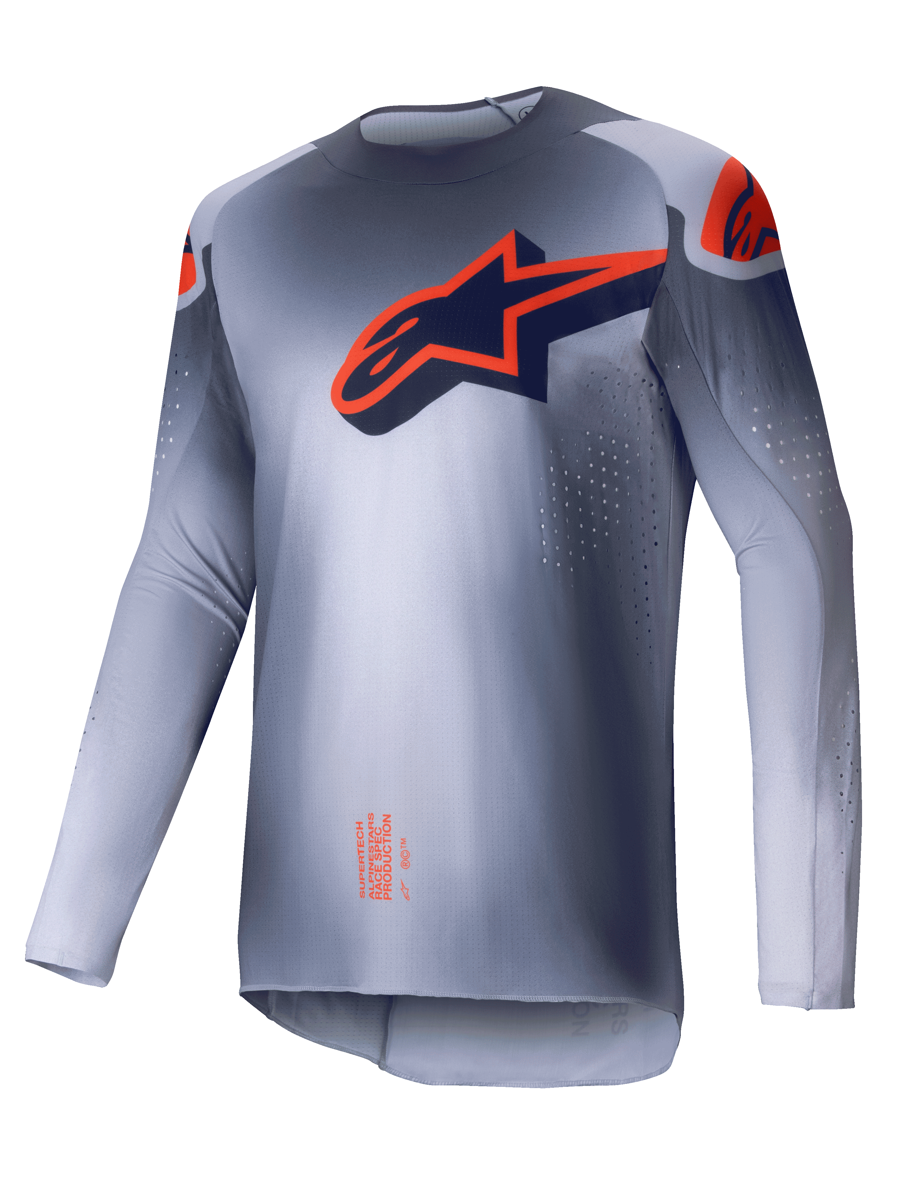 Alpinestars 2025 Supertech Lipan Jersey, Men's Motocross Jersey, Gray and Orange Fluo, lightweight athletic race fit with laser-cut ventilation perforations