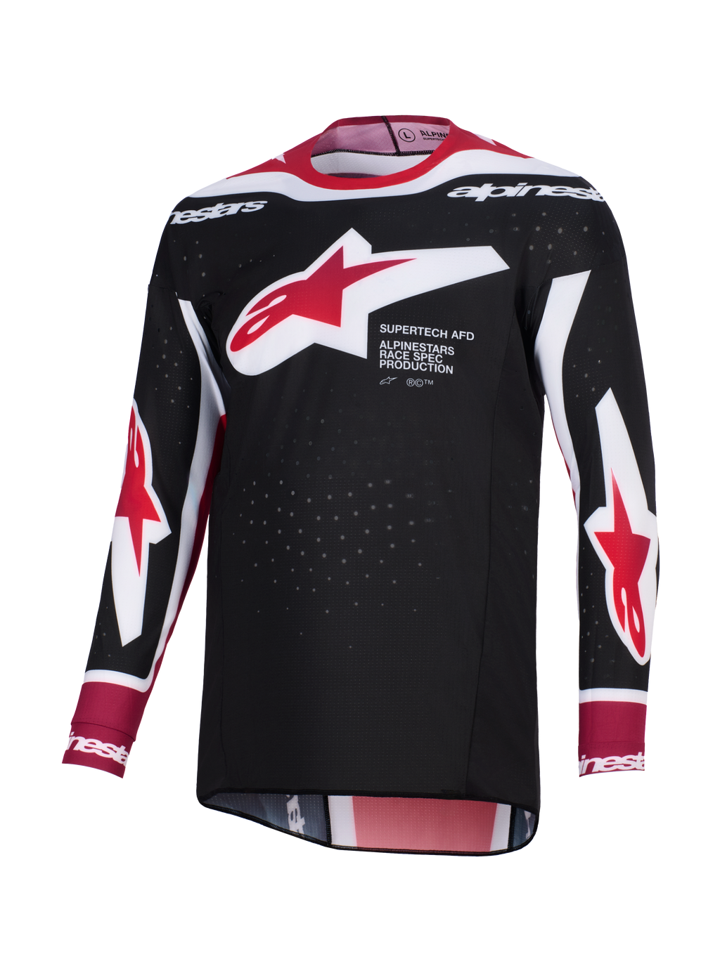 Jersey Alpinestars Supertech AFD Vista 2026, jersey de motocross, negro, rojo y blanco, con un gran logotipo de la estrella de Alpinestars en rojo y blanco en el pecho y texto 'Supertech AFD', tejido de malla perforada para ventilación y un ajuste atlético de competición
