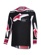 Jersey Alpinestars Supertech AFD Vista 2026, jersey de motocross, negro, rojo y blanco, con un gran logotipo de la estrella de Alpinestars en rojo y blanco en el pecho y texto 'Supertech AFD', tejido de malla perforada para ventilación y un ajuste atlético de competición