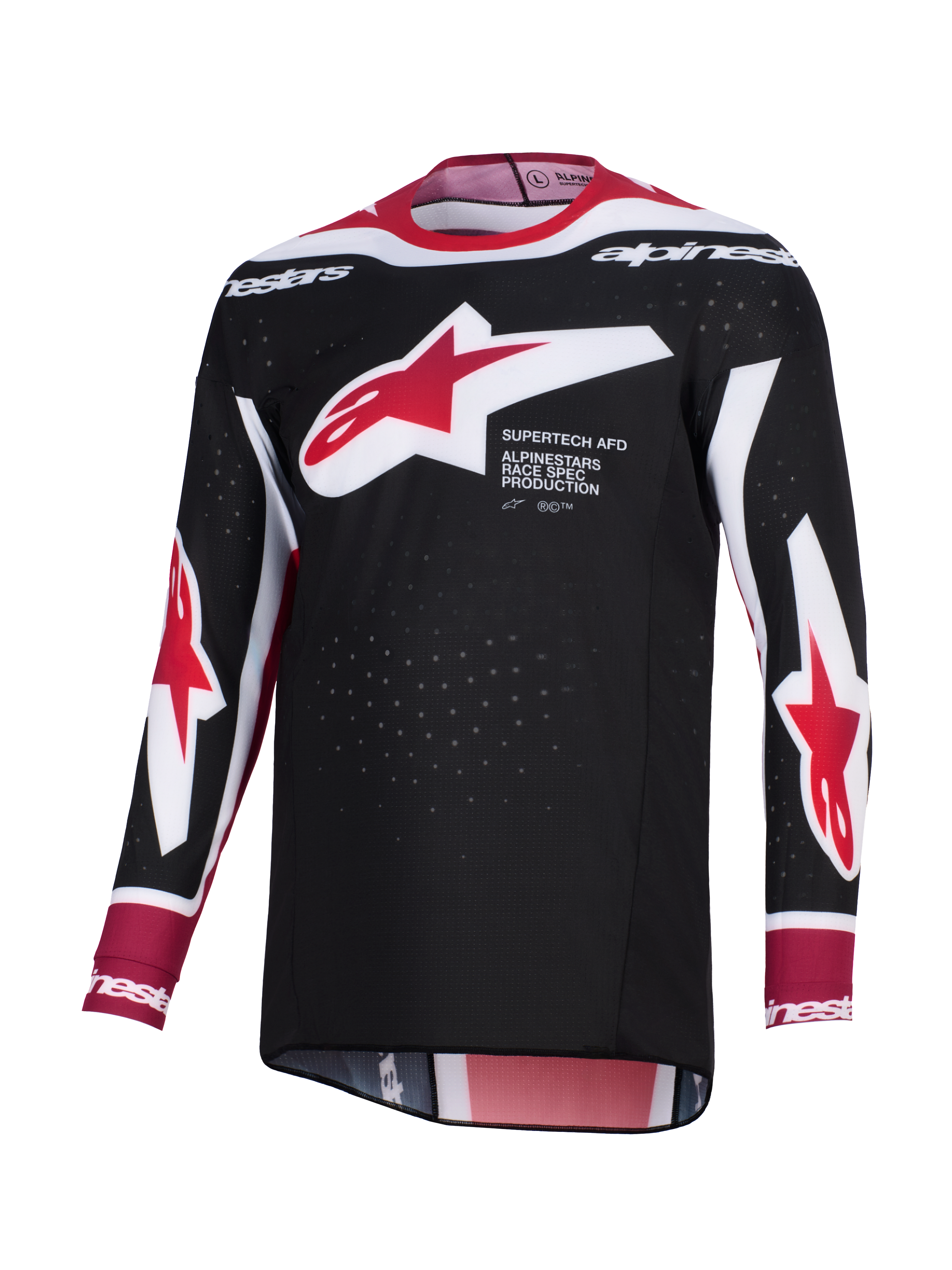 Jersey Alpinestars Supertech AFD Vista 2026, jersey de motocross, negro, rojo y blanco, con un gran logotipo de la estrella de Alpinestars en rojo y blanco en el pecho y texto 'Supertech AFD', tejido de malla perforada para ventilación y un ajuste atlético de competición