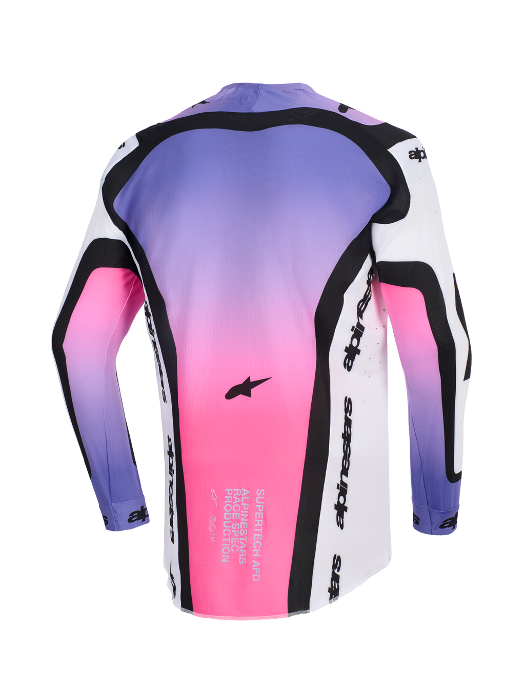 Alpinestars 2026 Supertech AFD Vista Jersey, jersey de motocross, blanco, púrpura y negro con degradado rosa, vista posterior que muestra el texto Supertech AFD race-spec y la marca Alpinestars, equipamiento profesional de ajuste atlético para off-road