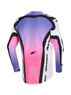 Alpinestars 2026 Supertech AFD Vista Jersey, jersey de motocross, blanco, púrpura y negro con degradado rosa, vista posterior que muestra el texto Supertech AFD race-spec y la marca Alpinestars, equipamiento profesional de ajuste atlético para off-road