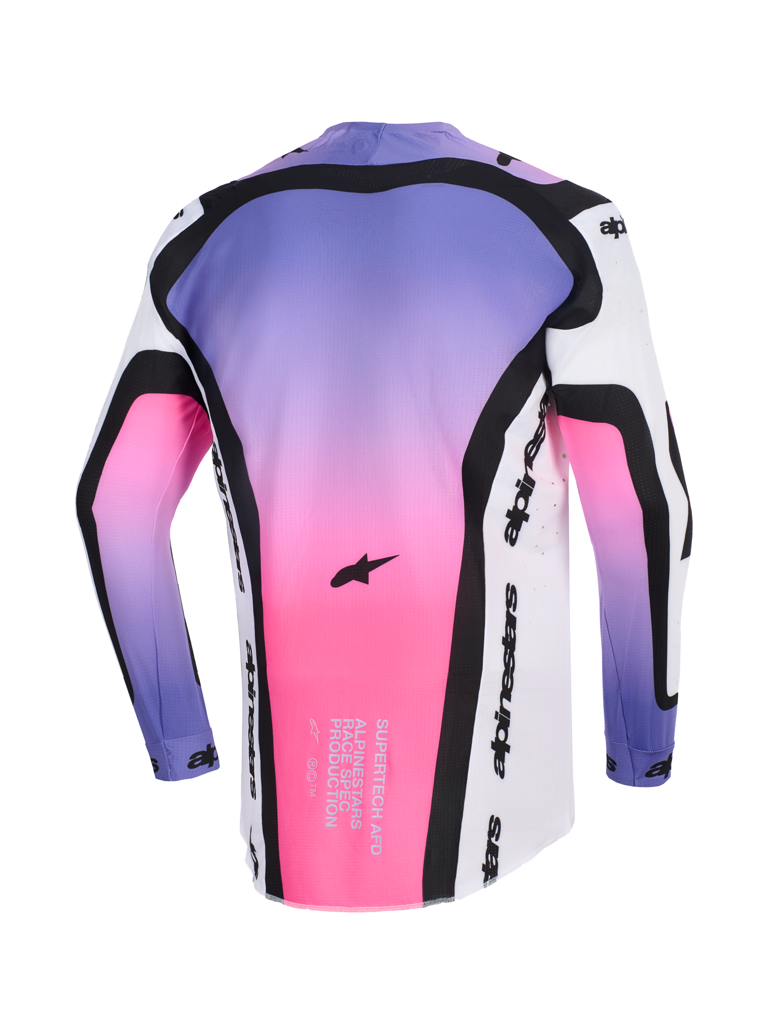 Alpinestars 2026 Supertech AFD Vista Jersey, jersey de motocross, blanco, púrpura y negro con degradado rosa, vista posterior que muestra el texto Supertech AFD race-spec y la marca Alpinestars, equipamiento profesional de ajuste atlético para off-road