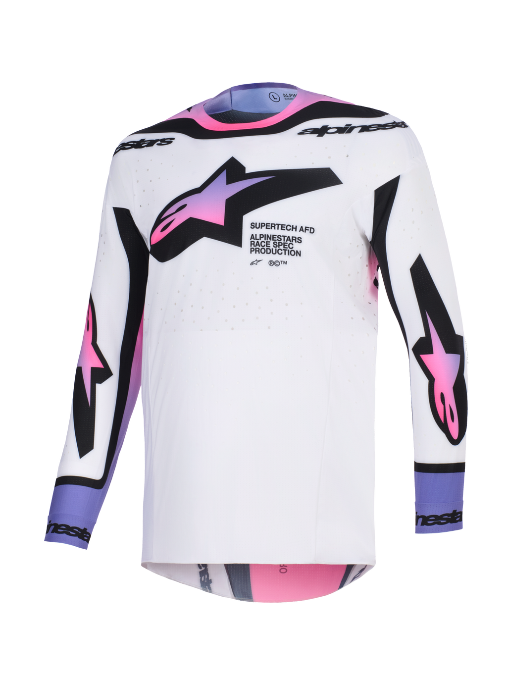 Alpinestars Supertech AFD Vista Jersey 2026, jersey de motocross, blanco, púrpura y negro, base blanca con logotipos de estrella en degradado rosa y púrpura en el pecho y las mangas, detalles de marca en negro en el cuello y los puños, con ajuste atlético y tejido de malla perforada para ventilación.