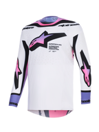 Alpinestars Supertech AFD Vista Jersey 2026, jersey de motocross, blanco, púrpura y negro, base blanca con logotipos de estrella en degradado rosa y púrpura en el pecho y las mangas, detalles de marca en negro en el cuello y los puños, con ajuste atlético y tejido de malla perforada para ventilación.