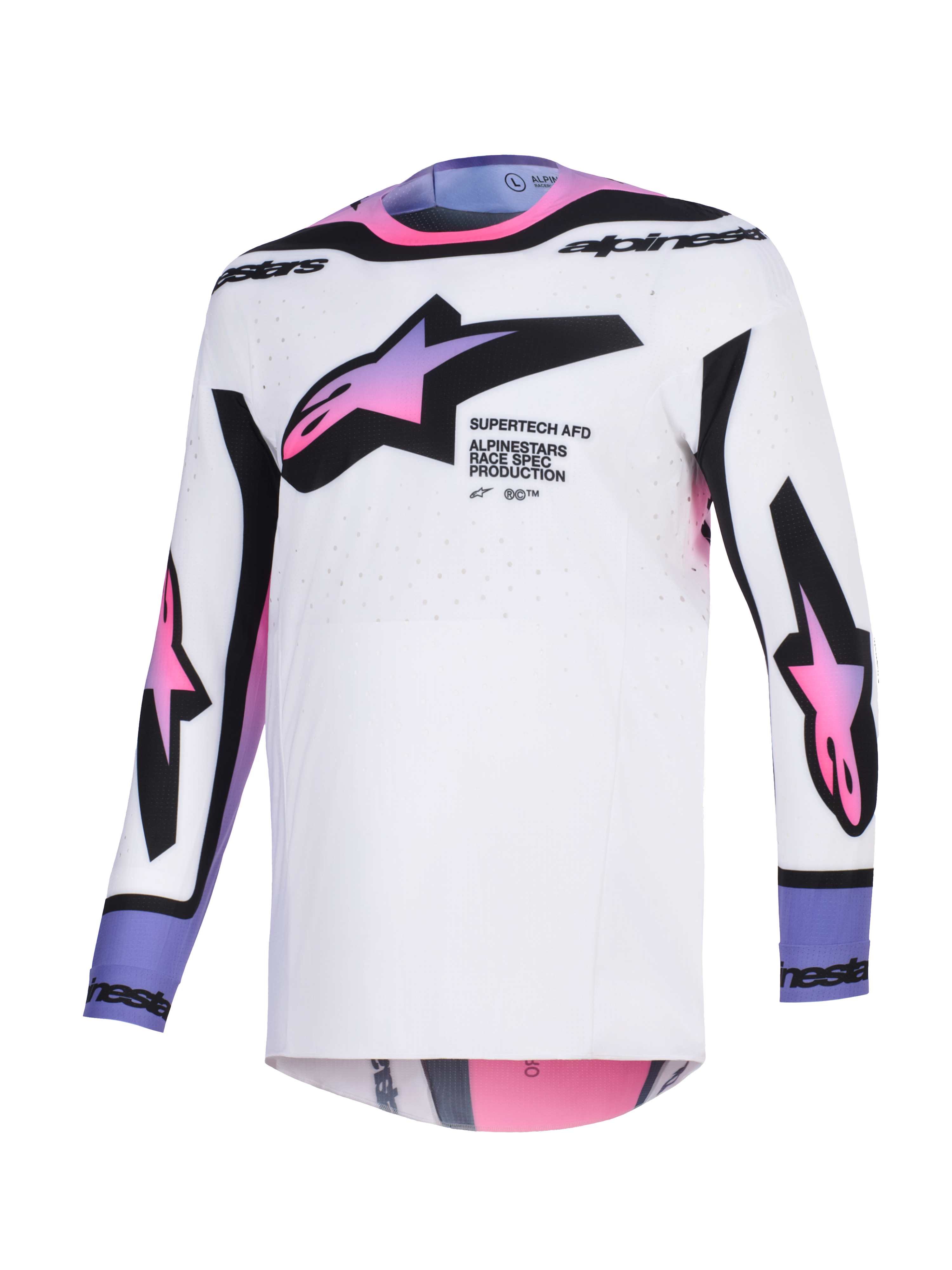 Alpinestars Supertech AFD Vista Jersey 2026, jersey de motocross, blanco, púrpura y negro, base blanca con logotipos de estrella en degradado rosa y púrpura en el pecho y las mangas, detalles de marca en negro en el cuello y los puños, con ajuste atlético y tejido de malla perforada para ventilación.