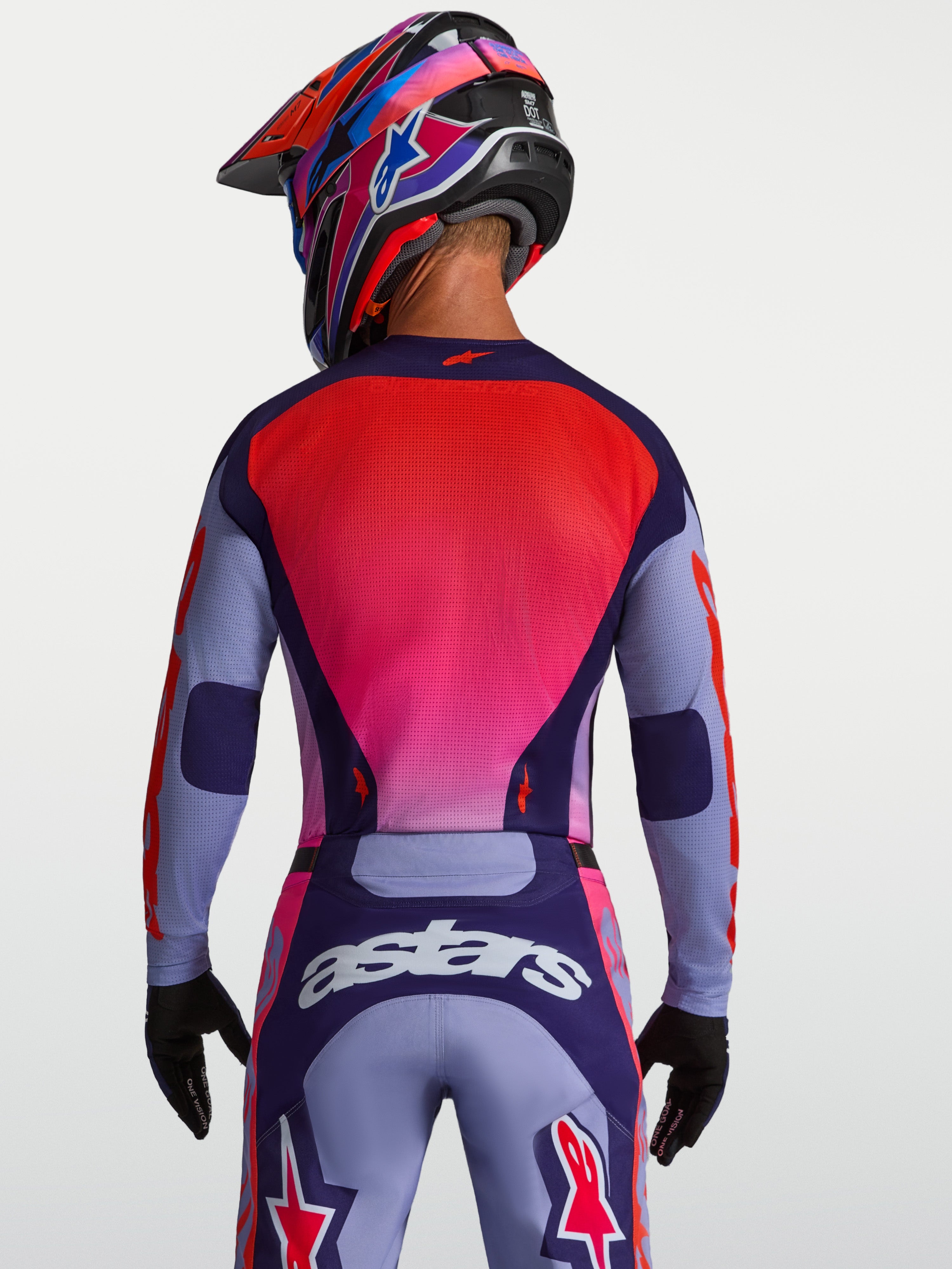Alpinestars Racer Air Hunt, jersey de motocross para hombre, morado y rosa fluo, malla transpirable, vista trasera