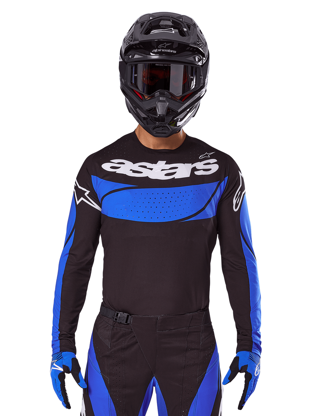 Alpinestars conjunto Techstar Dreem 2025 y jersey Techstar Dreem 2025, equipo de motocross negro y azul, usado por un piloto.