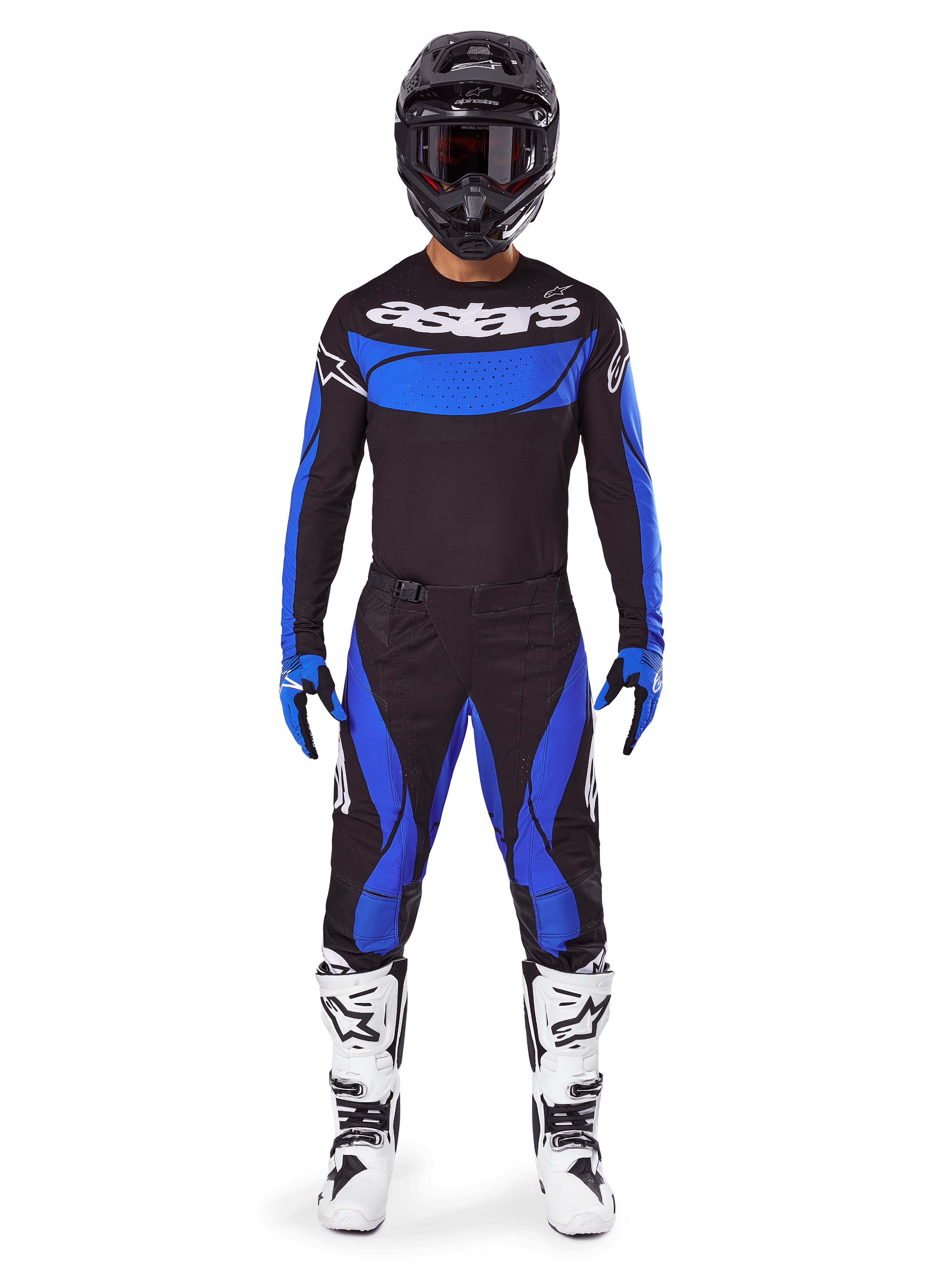 Alpinestars Techstar Dreem 2025, conjunto de motocross para hombre, textil negro y azul con botas blancas.