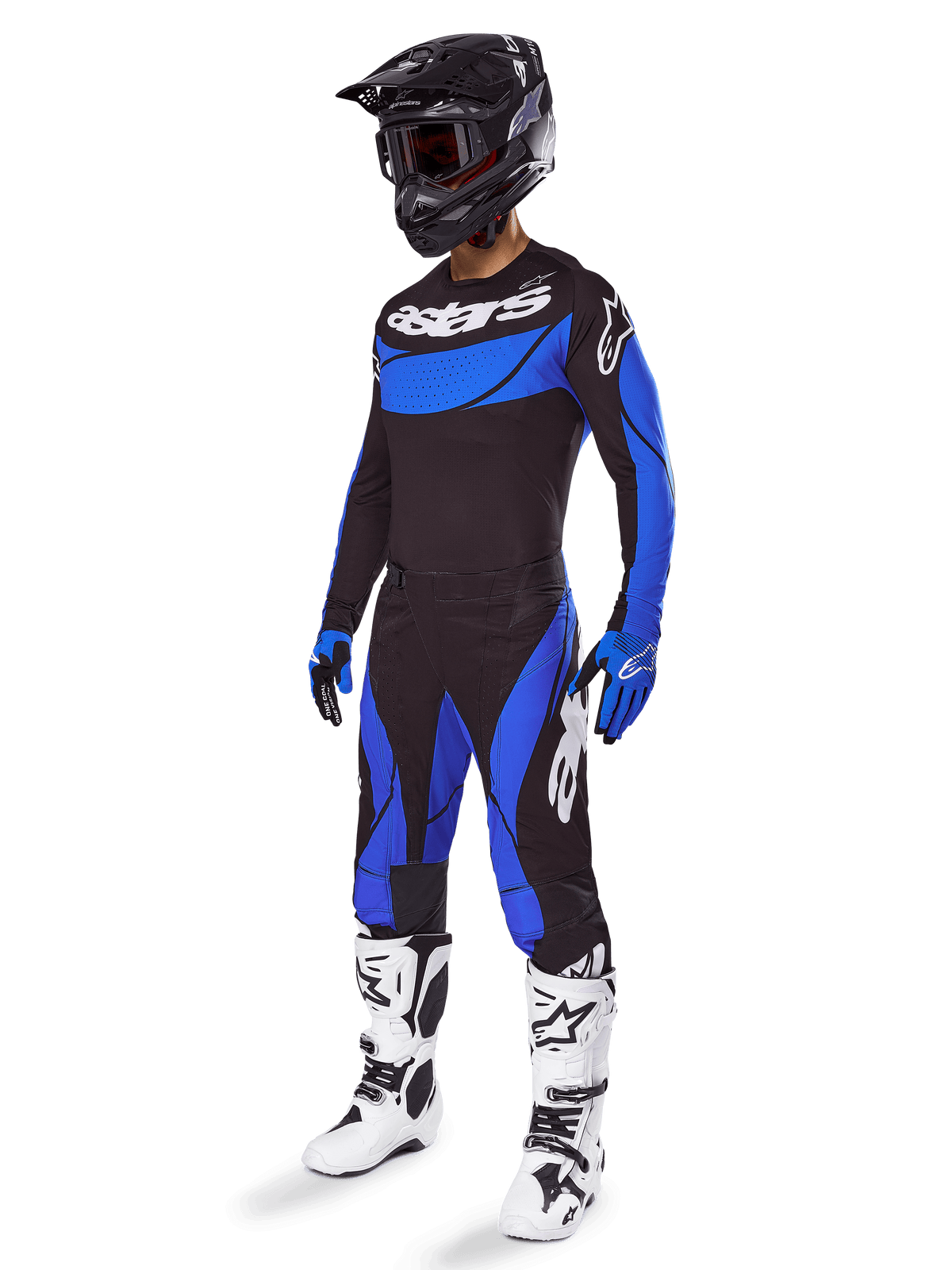 Alpinestars Conjunto Techstar Dreem 2025 y Jersey, equipo de motocross negro y azul, con casco negro y botas blancas.
