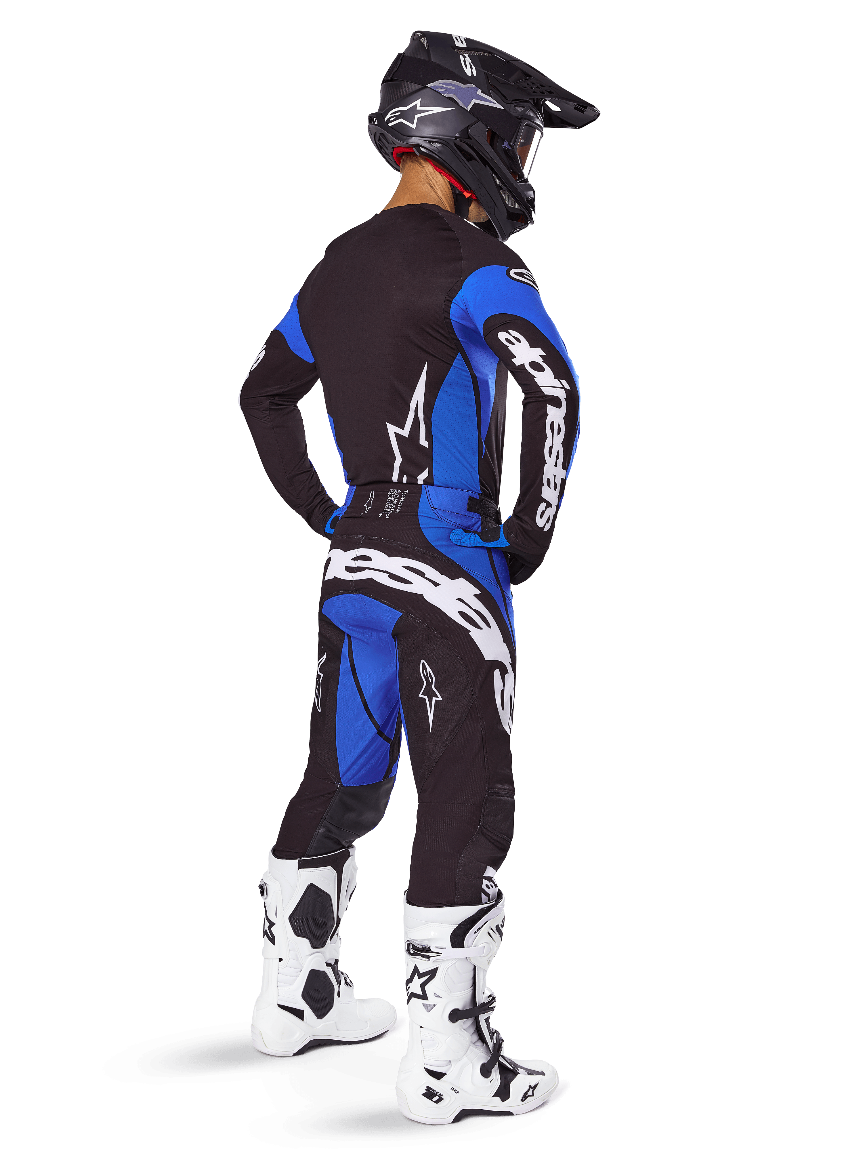 Alpinestars Conjunto Techstar Dreem 2025 y Camiseta, equipo de motocross negro y azul para hombre, vista trasera.