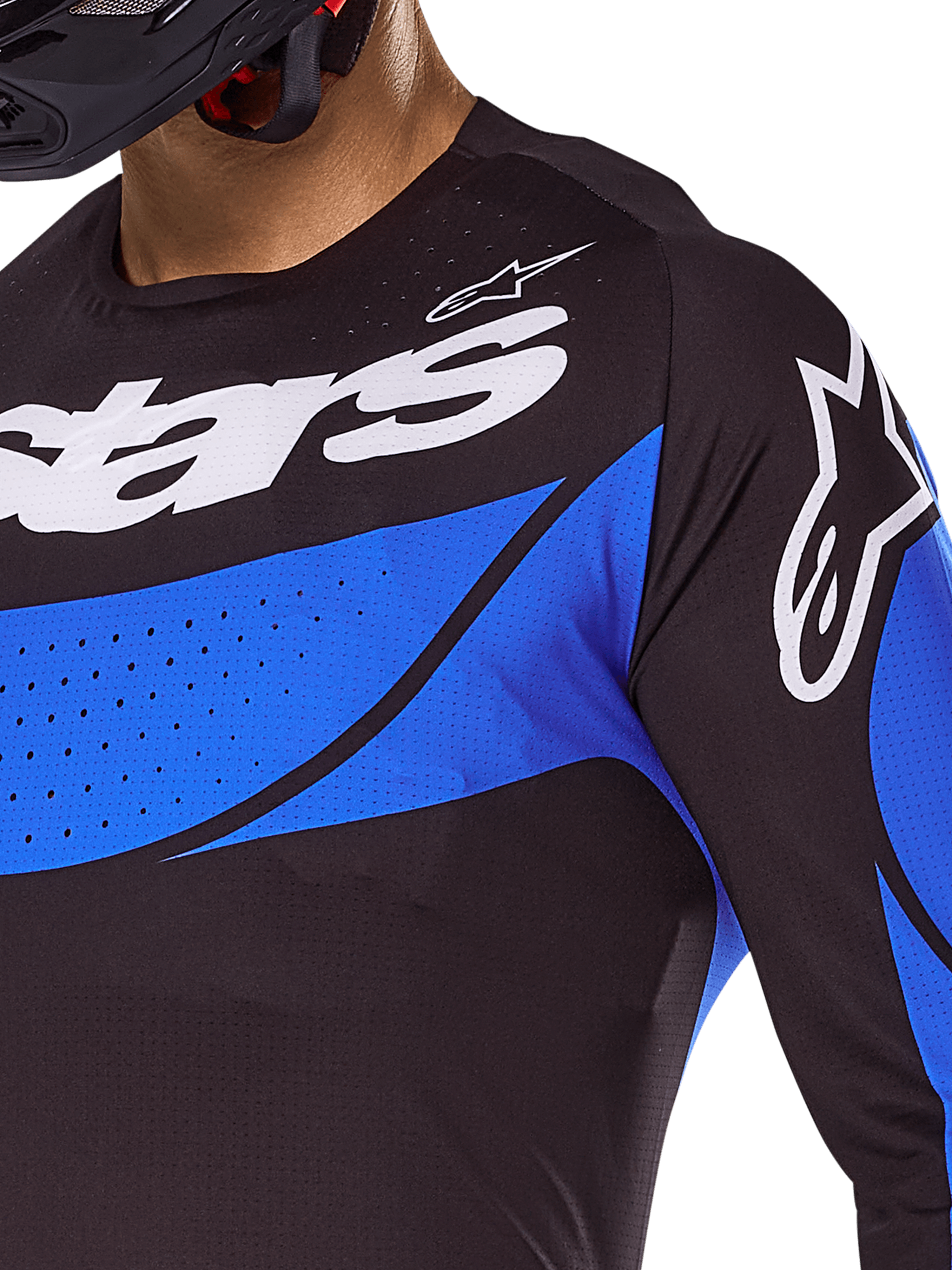 Jersey Alpinestars Techstar Dreem 2025, prenda de motocross en negro y azul con perforaciones láser de ventilación